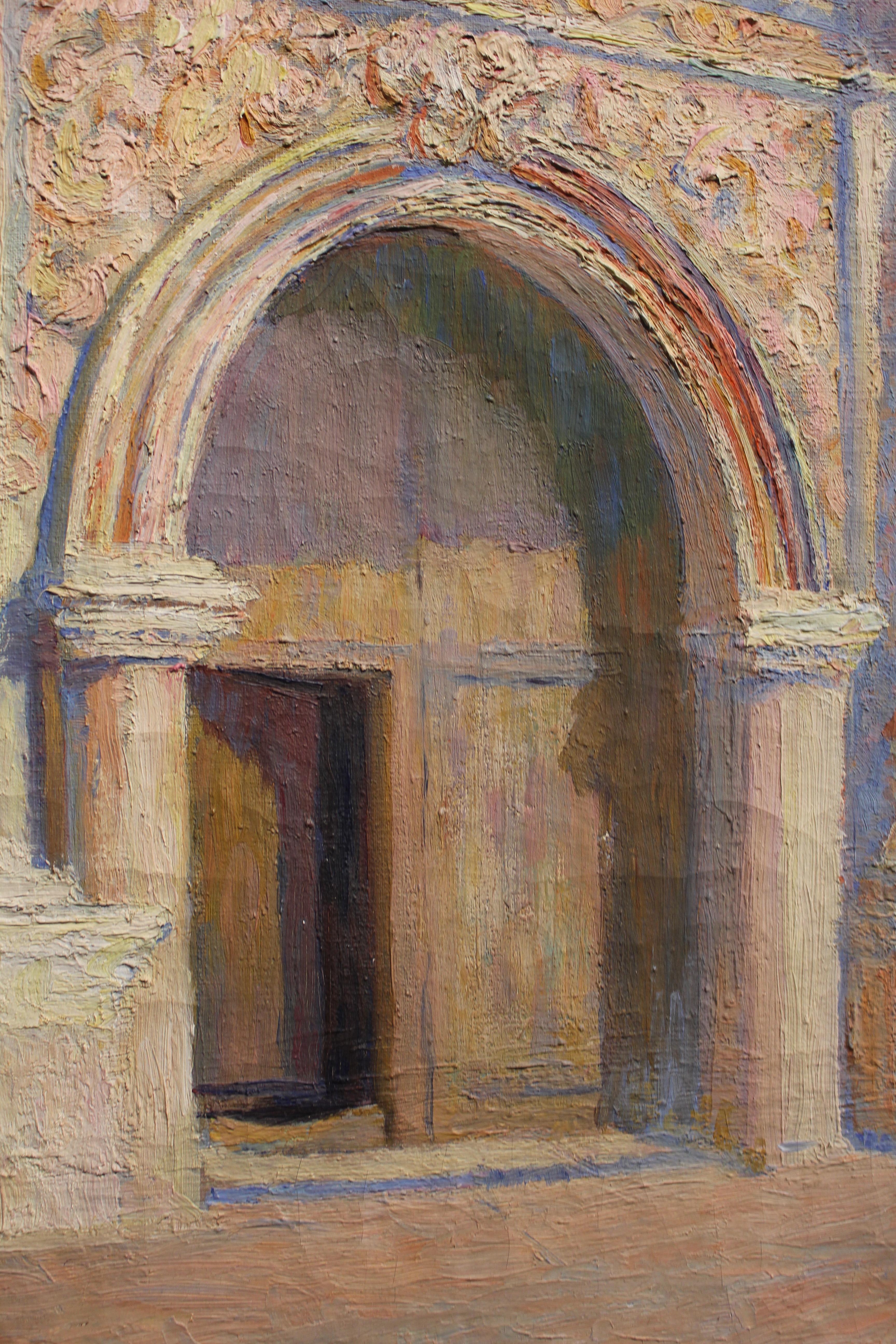 Italian or South American style Architectural painting of a chapel entrance. The painting is in brown, blue, and pink tones. It has details of sculptures and carved formations on the chapel. It is signed by the artist in the bottom right corner. The