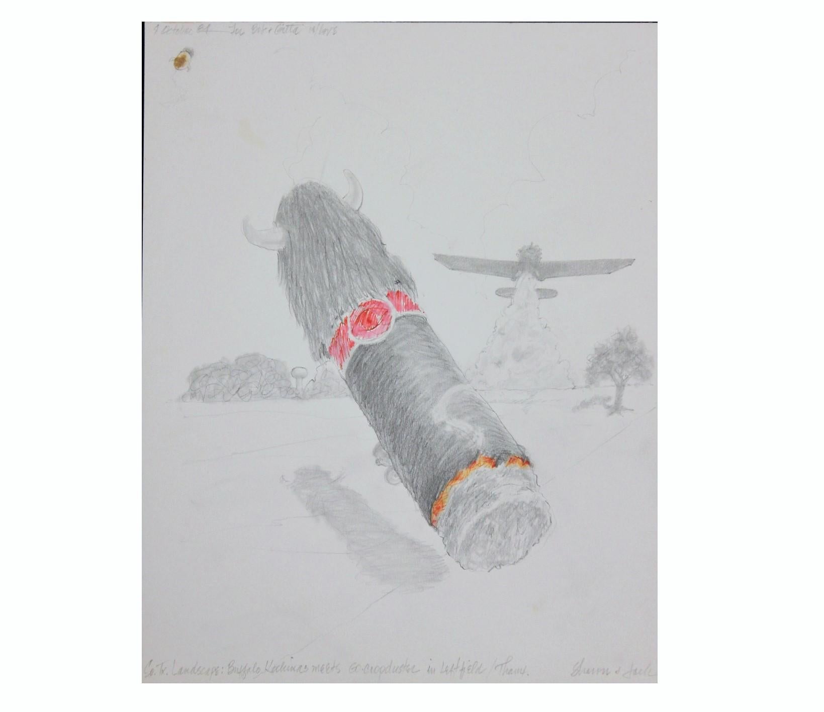 Jack Boynton Landscape Art - South, Texas Landscape Surrealist Drawing of a Cigar and a Crop Duster