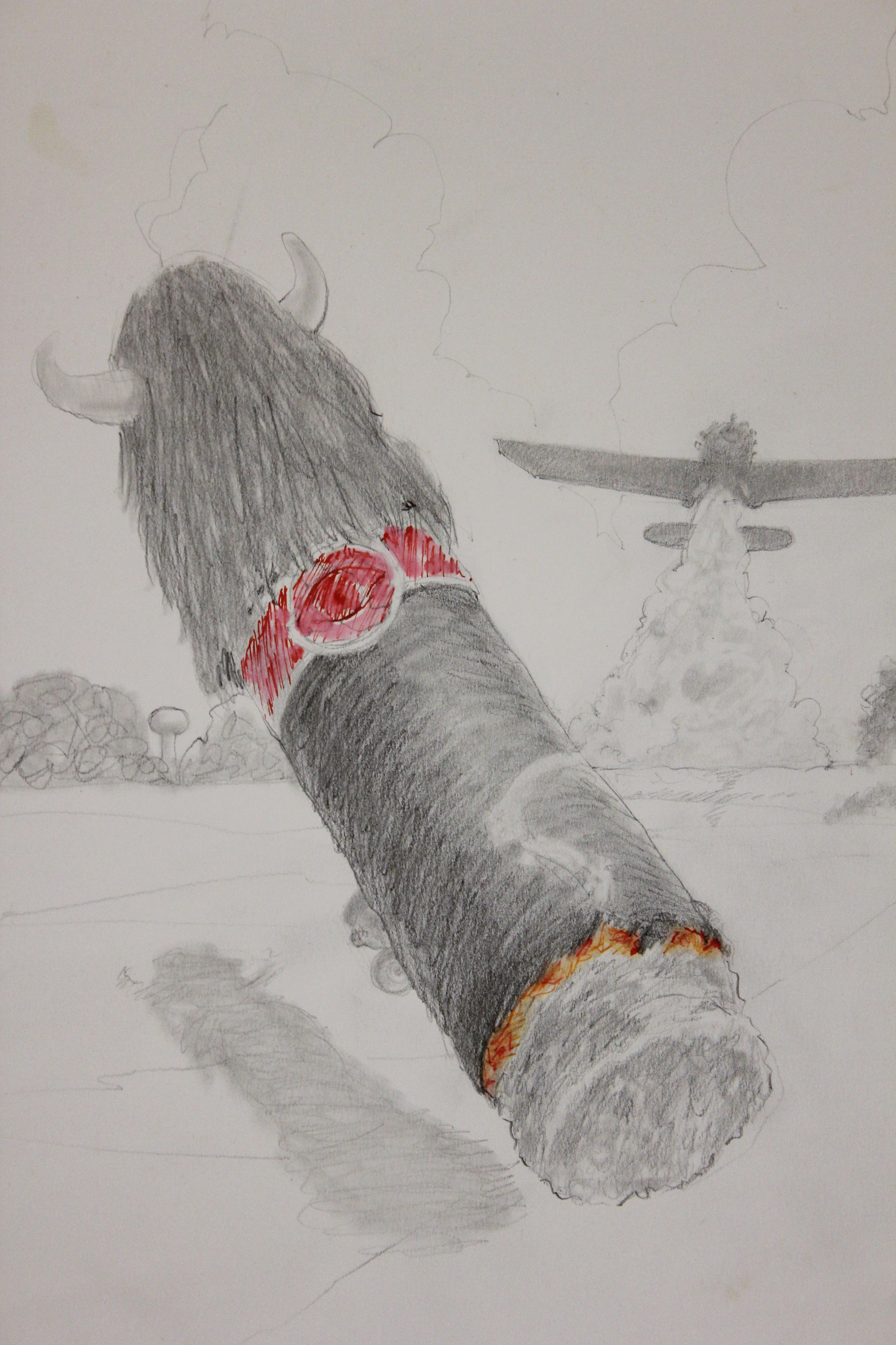 South, Texas Landscape Surrealist Drawing of a Cigar and a Crop Duster - Art by Jack Boynton
