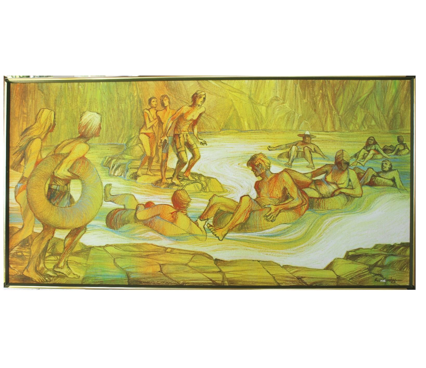 Peinture figurative abstraite « River Fun » dans une teinte verte
