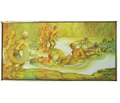 Vintage "River Fun" Abstract Figurative Painting in a Green Hue