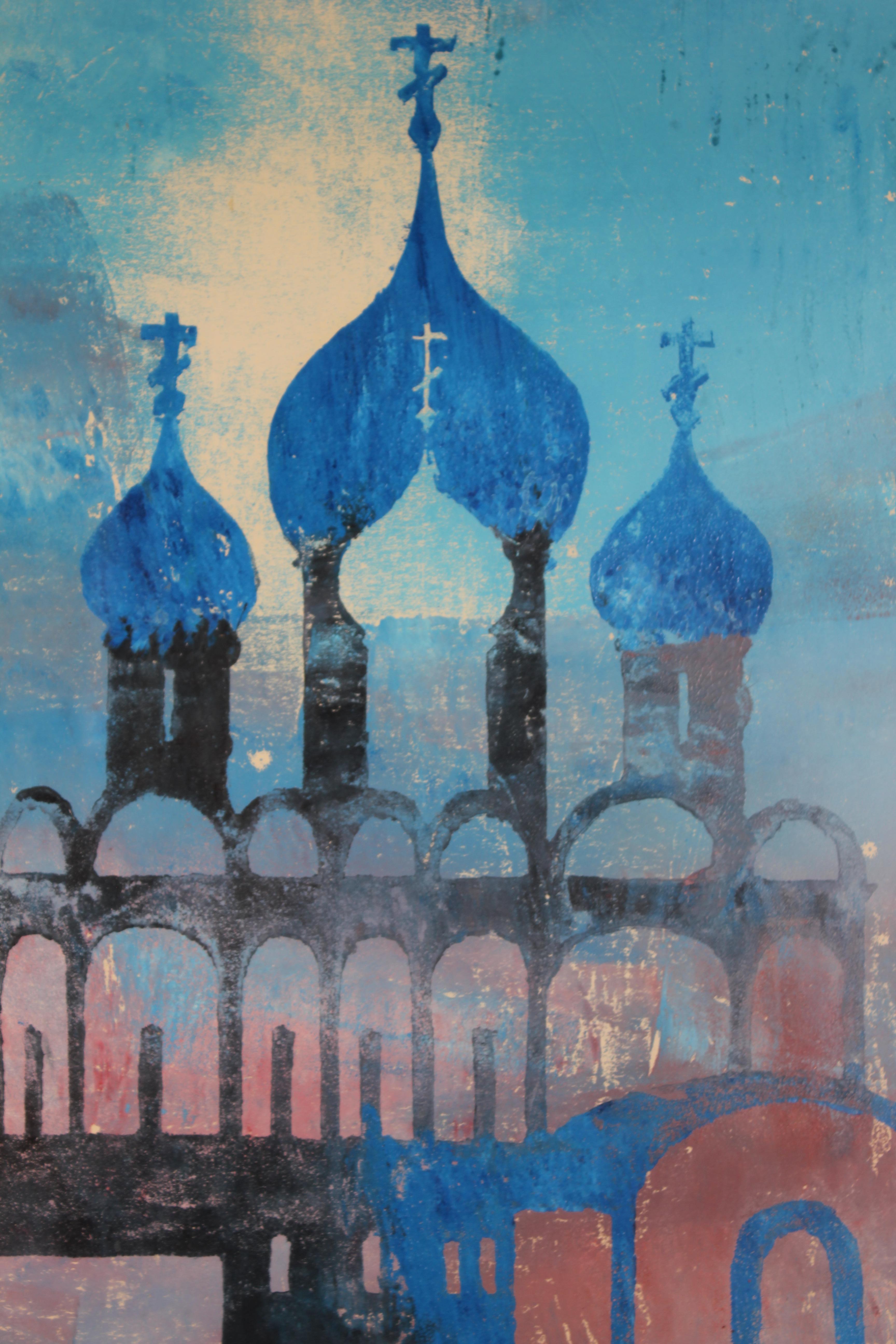 „Suzdal's Cathedral“ Blauer Farbton impressionistische Lithographie, Auflage 1 von 5 – Print von Paul Sprohge
