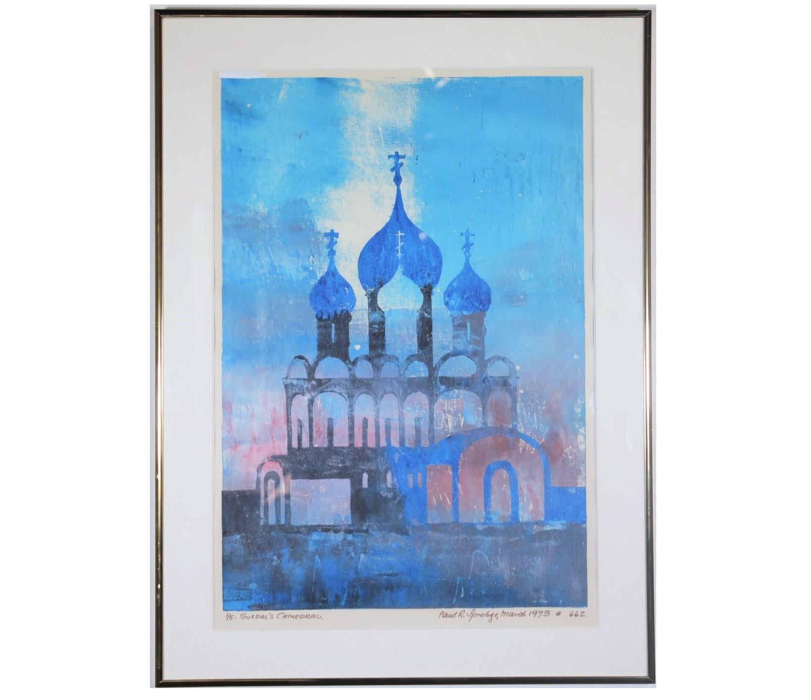 Paul Sprohge Landscape Print – „Suzdal's Cathedral“ Blauer Farbton impressionistische Lithographie, Auflage 1 von 5