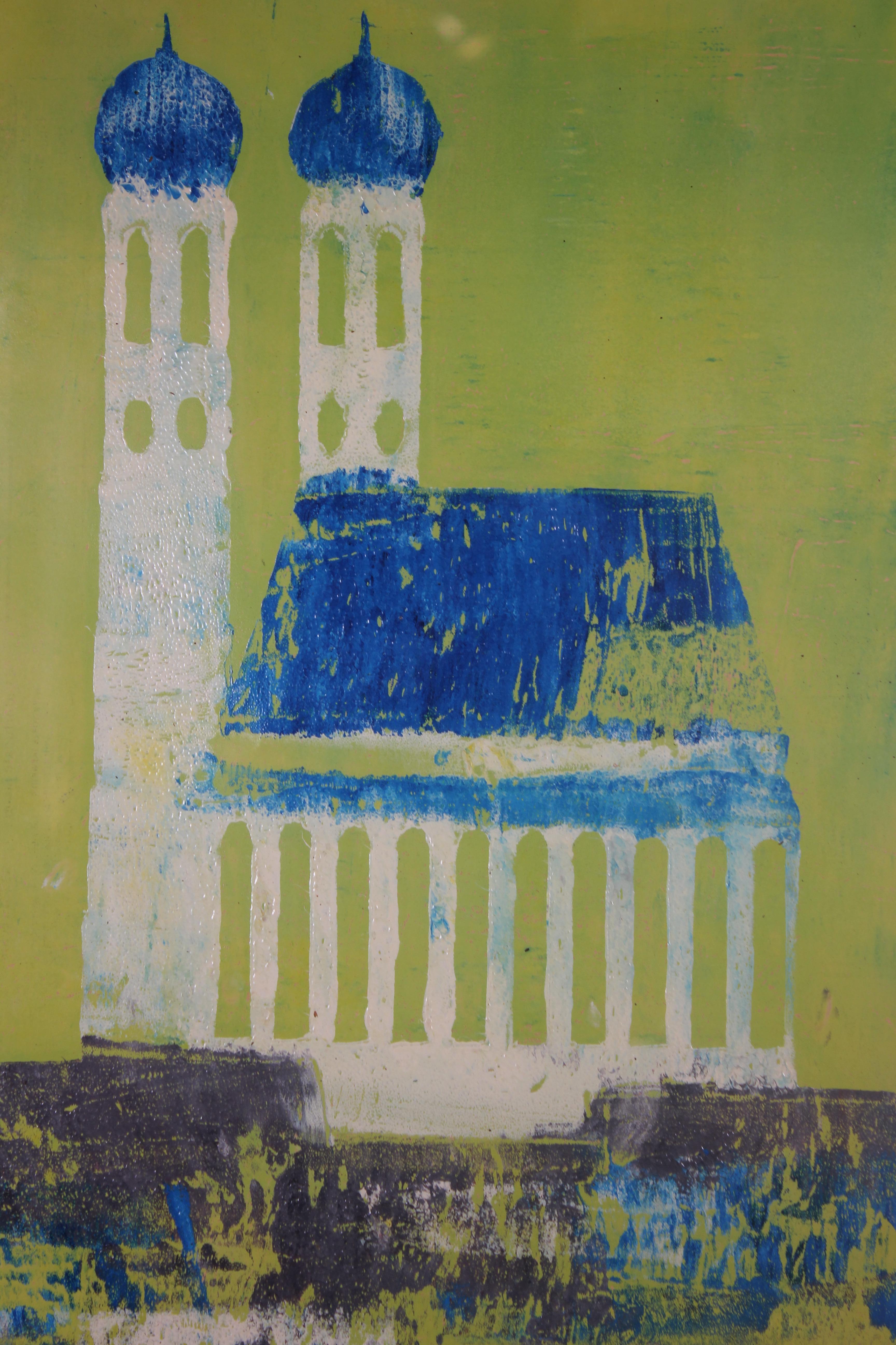 „ „Munch““ Grüne und blaue tonale Architekturlandschaft   – Print von Paul Sprohge