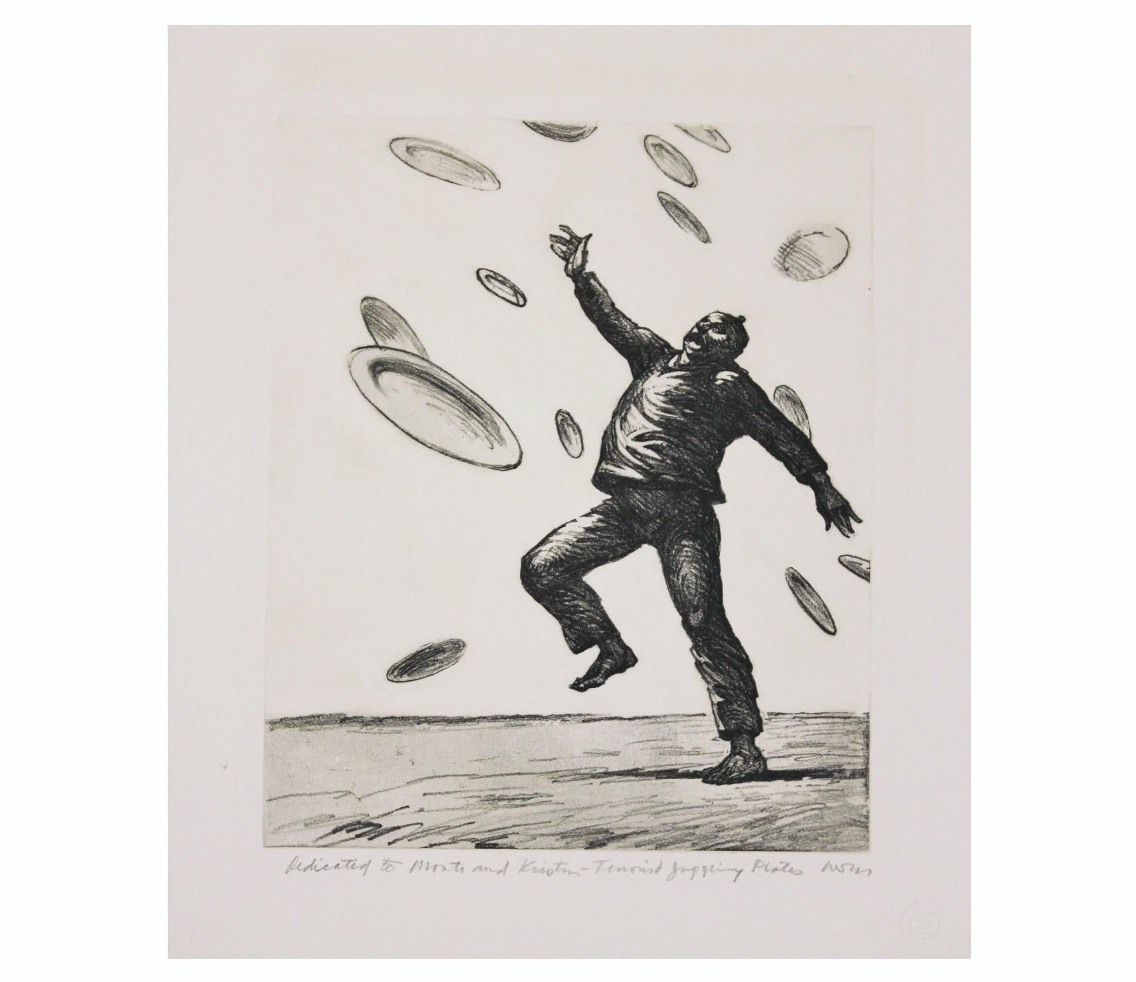Robert Levers Abstract Print - "Terrorist Juggling Plates" Naturalistic Surrealist