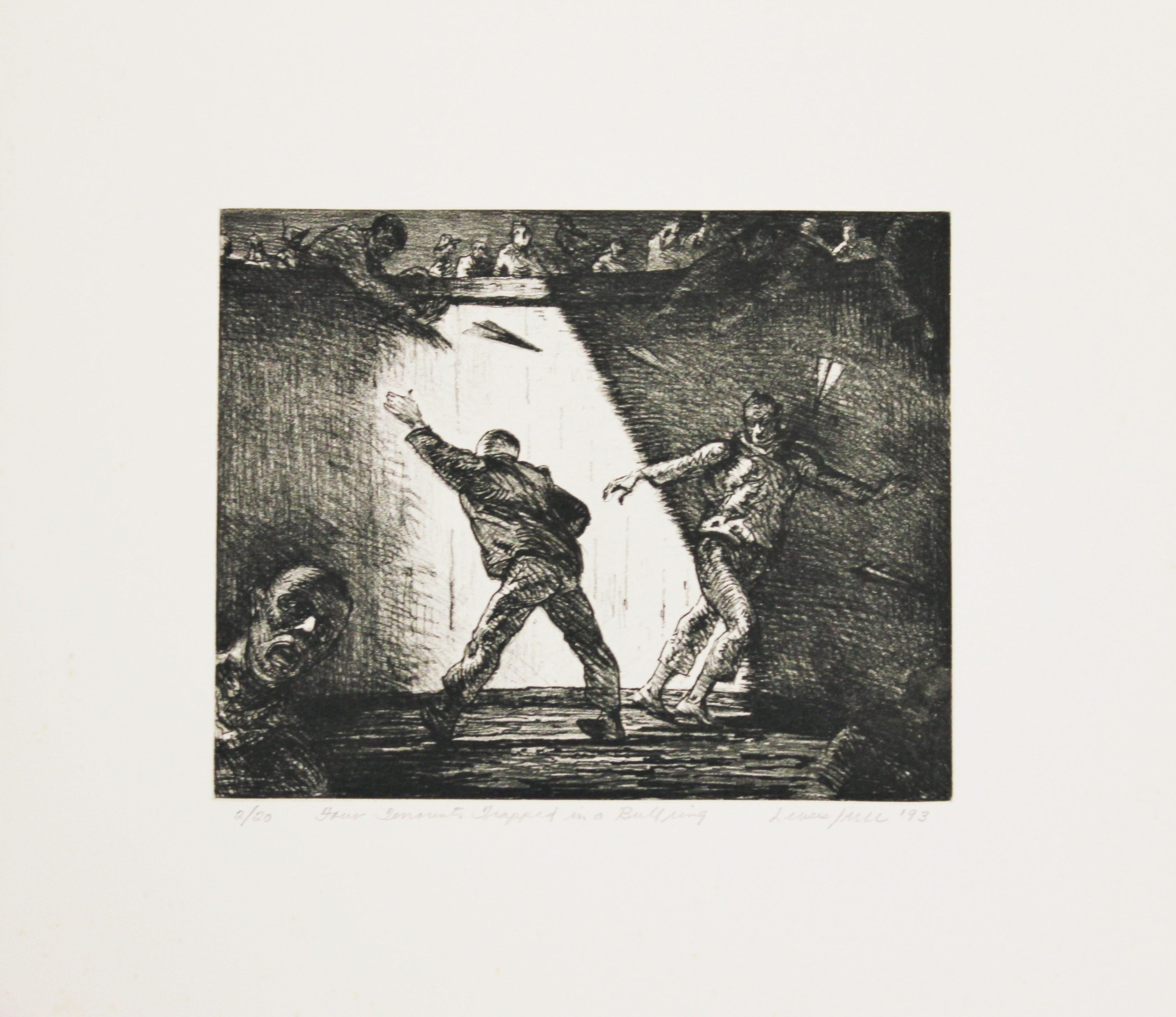 Robert Levers Figurative Print – „Four Terrorist Trapped in a Bullring“, Auflage 2 von 20 Stück