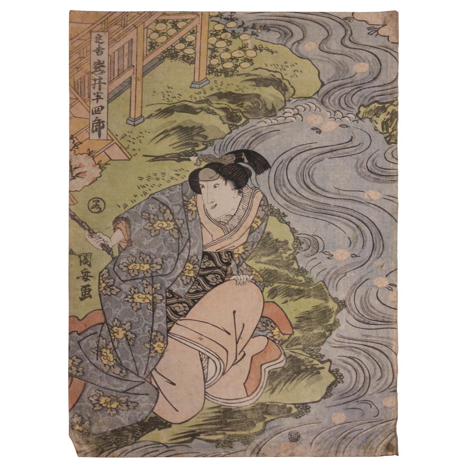 Bijin-ga Woman Kneeling by River Japanese Print