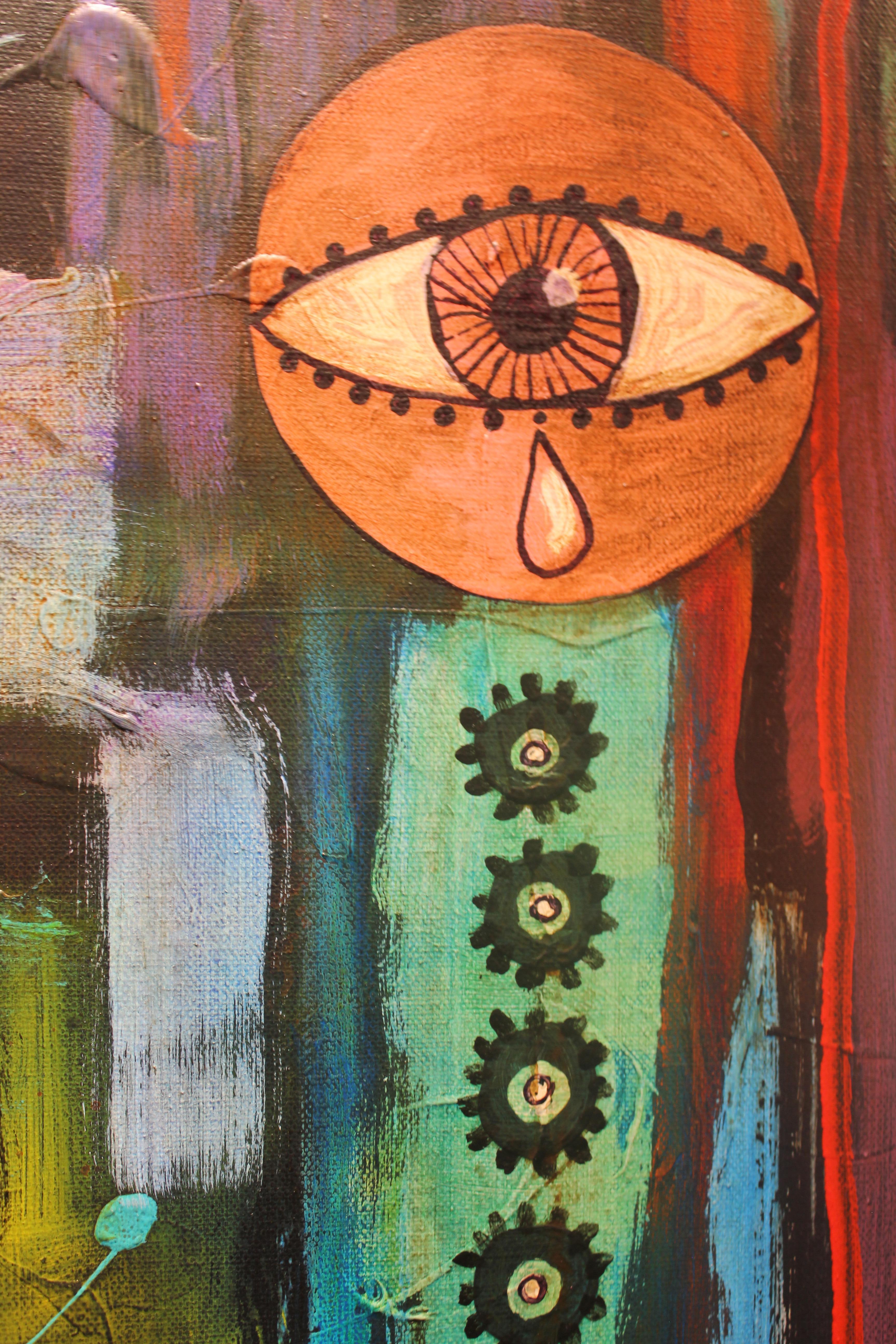Abstract surrealist painting with a woman who appears to look like a nun. Within the painting are trees and an eye that is crying. There are other shapes and symbols painted. It is signed by artist Larry Martin who works and lives in Houston, Texas.