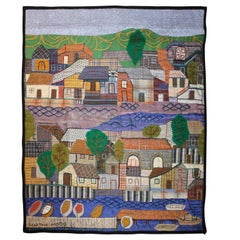 "Harbor Front" Folk Cityscape Tapestry 