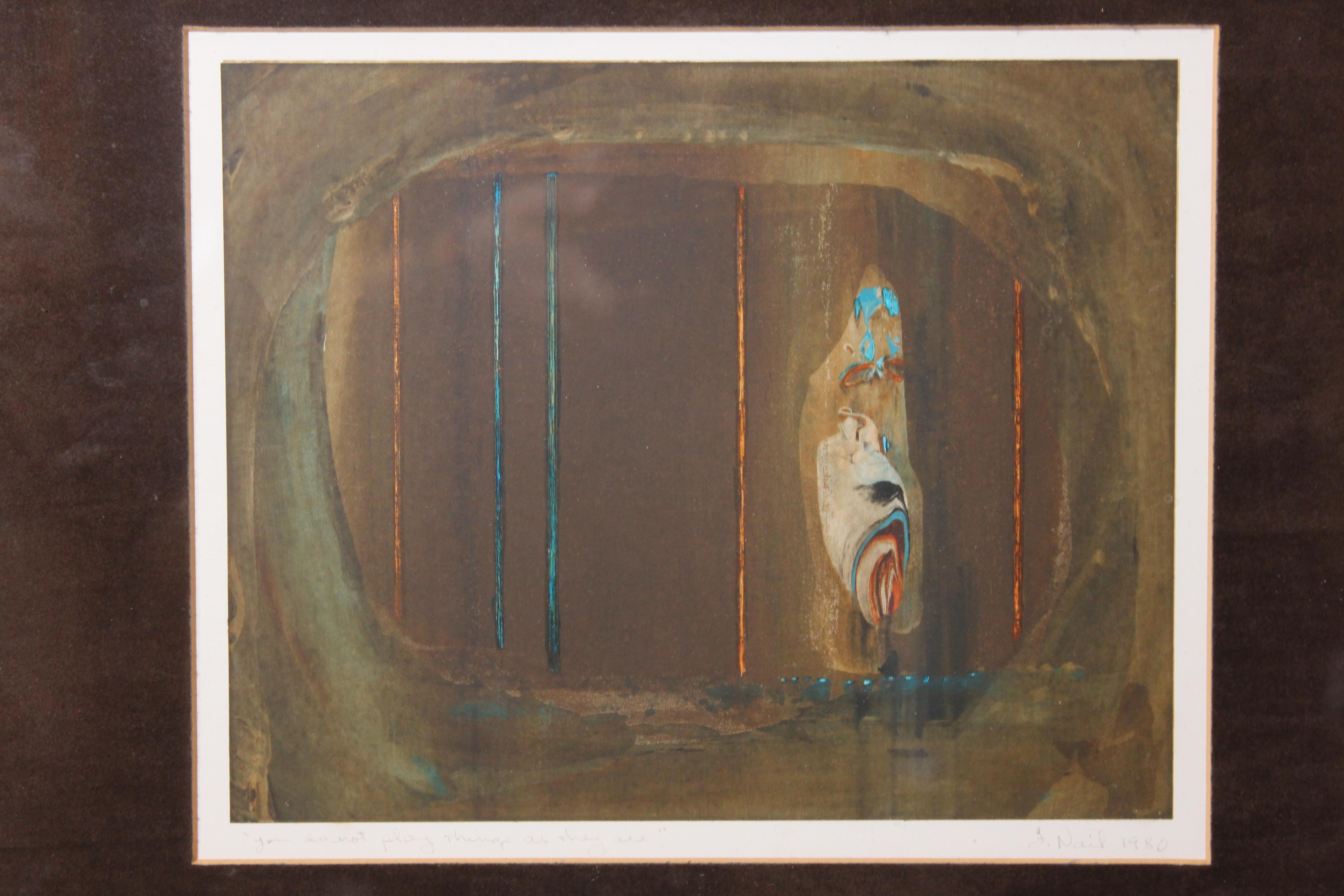 Pair of brown and blue abstract serigraphs. The first one is titled, 