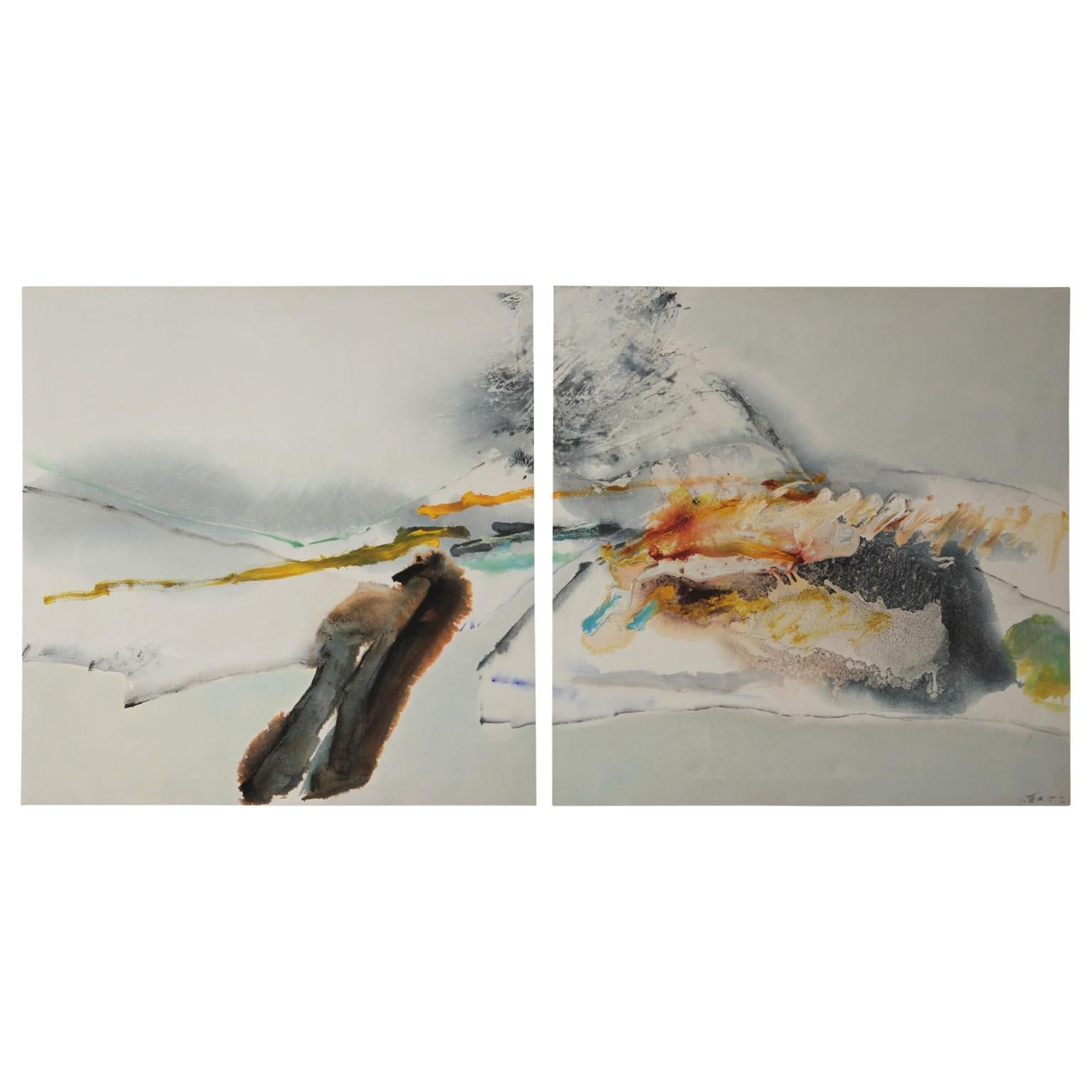 Chuang Che (莊喆) Landscape Painting - Large Contemporary Chinese Gestural Abstract Landscape Diptych