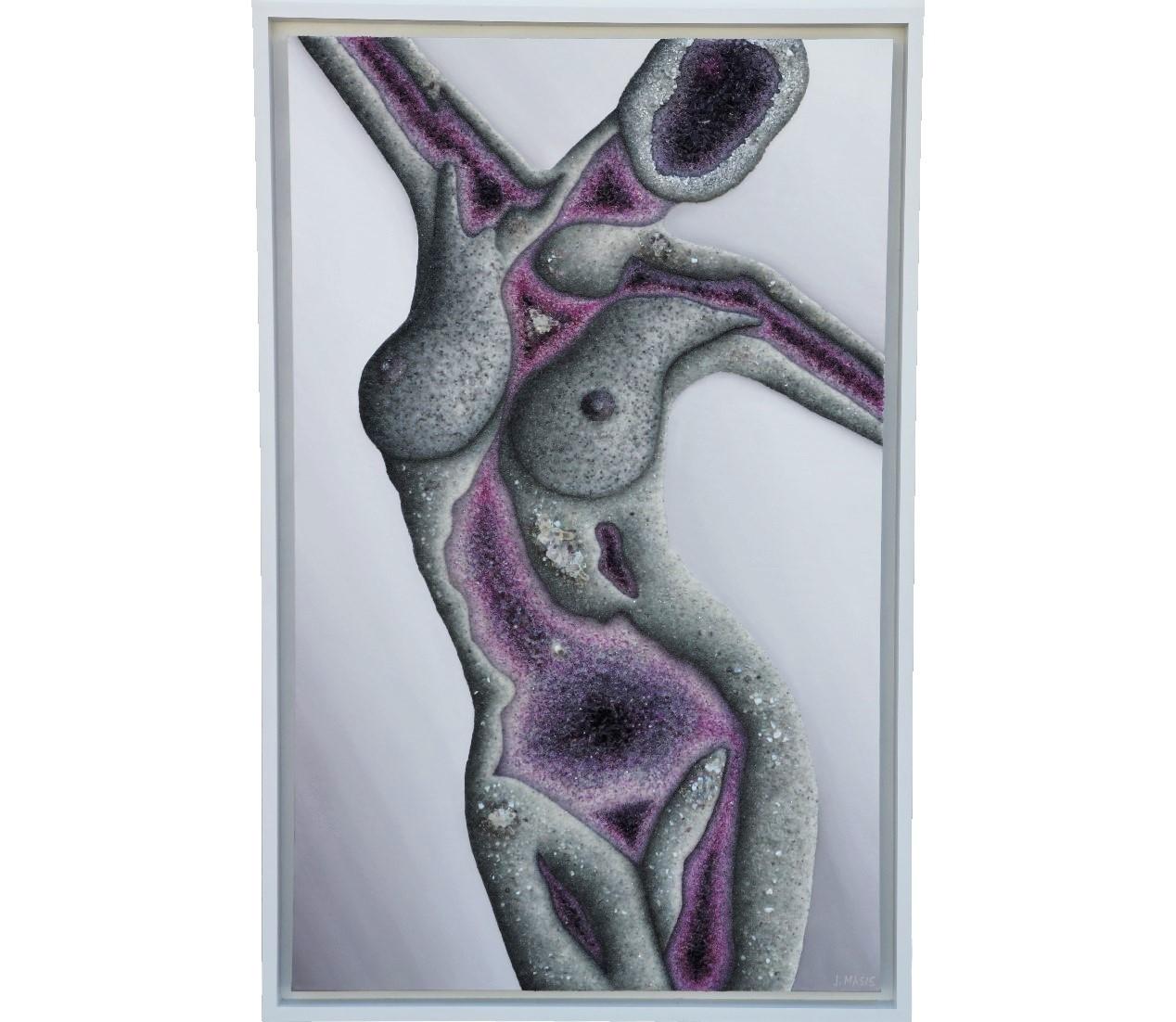Jose Masis-Oliver Nude Painting - "Amethyst Goddess" Pop Art Nude Portrait Painting in Crushed Glass and Minerals 
