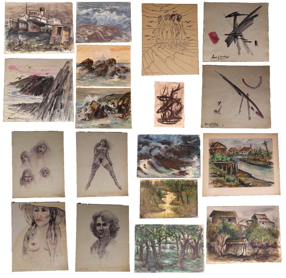 Lote de 17 cuadros de paisajes, abstractos y figurativos de James Woodruff