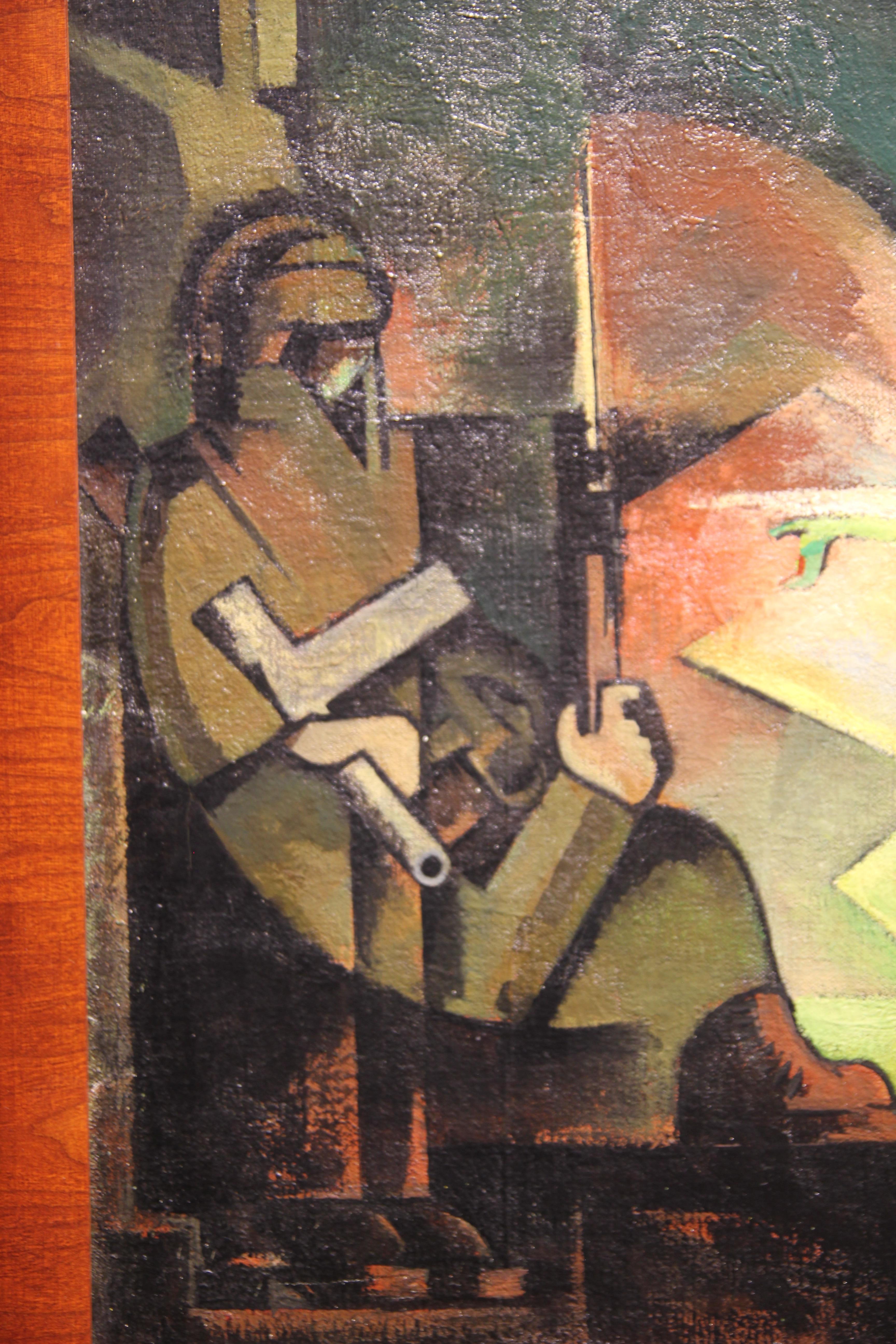 Tiefgründiges Gemälde im kubistischen Stil mit der Kreuzigung Christi. Wie bei der traditionellen Kreuzigungsdarstellung befinden sich zwei Figuren auf beiden Seiten des Kreuzes. Das Werk ist vom Künstler in der unteren Ecke signiert und datiert.