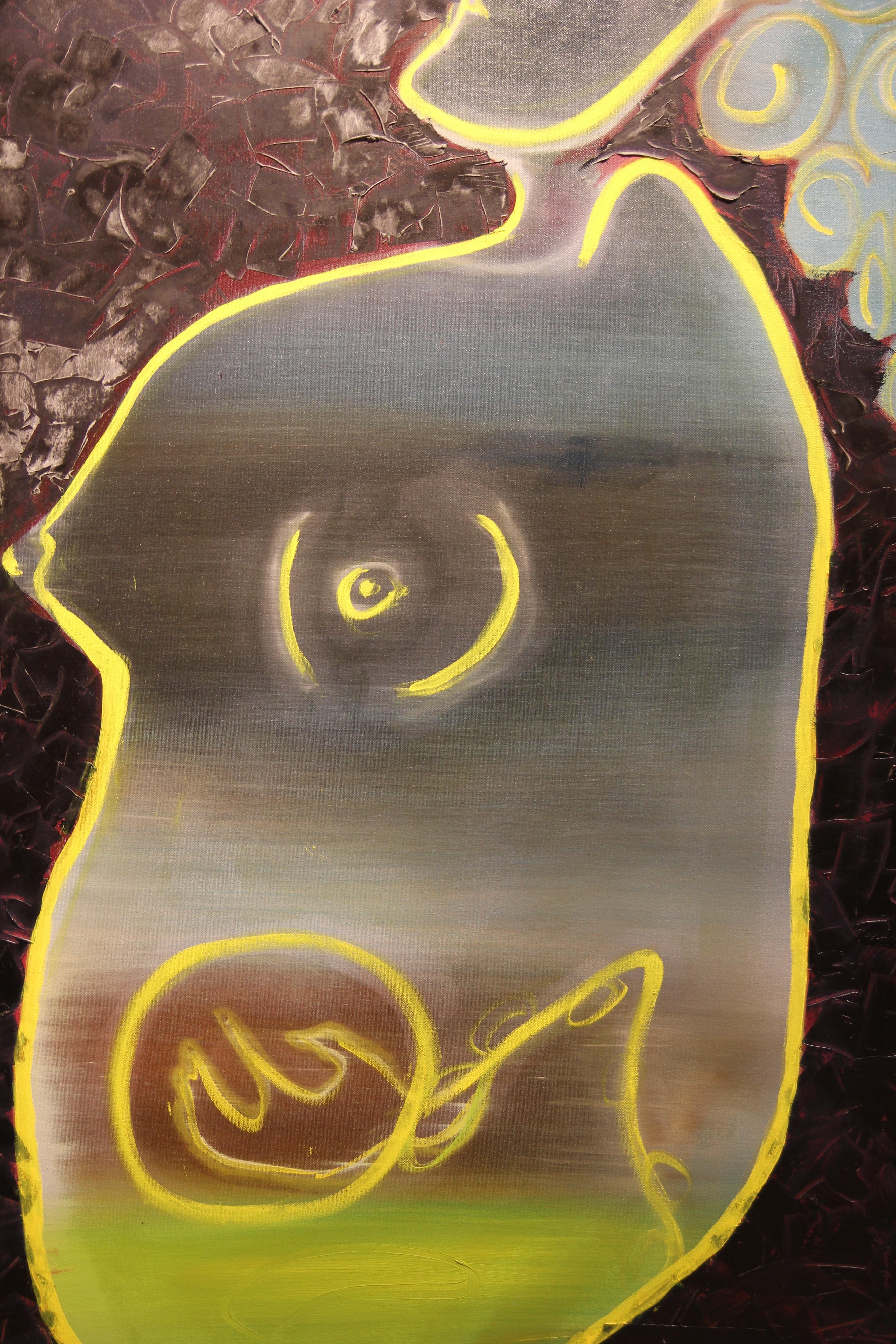 Abstract figurative painting of a pregnant woman. The woman is painting in a minimal outline and the background is a purple texture. The canvas is signed on the back and titled. The canvas is not framed.