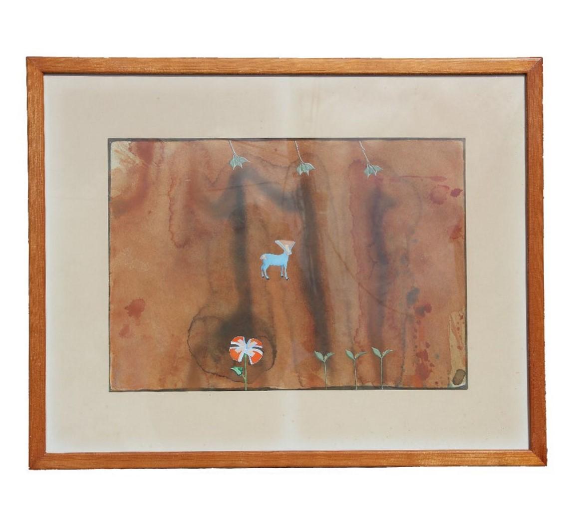 Scott Greiger Figurative Art - Untitled Surrealist Brown Tone Watercolor Abstract of Flowers and Animals