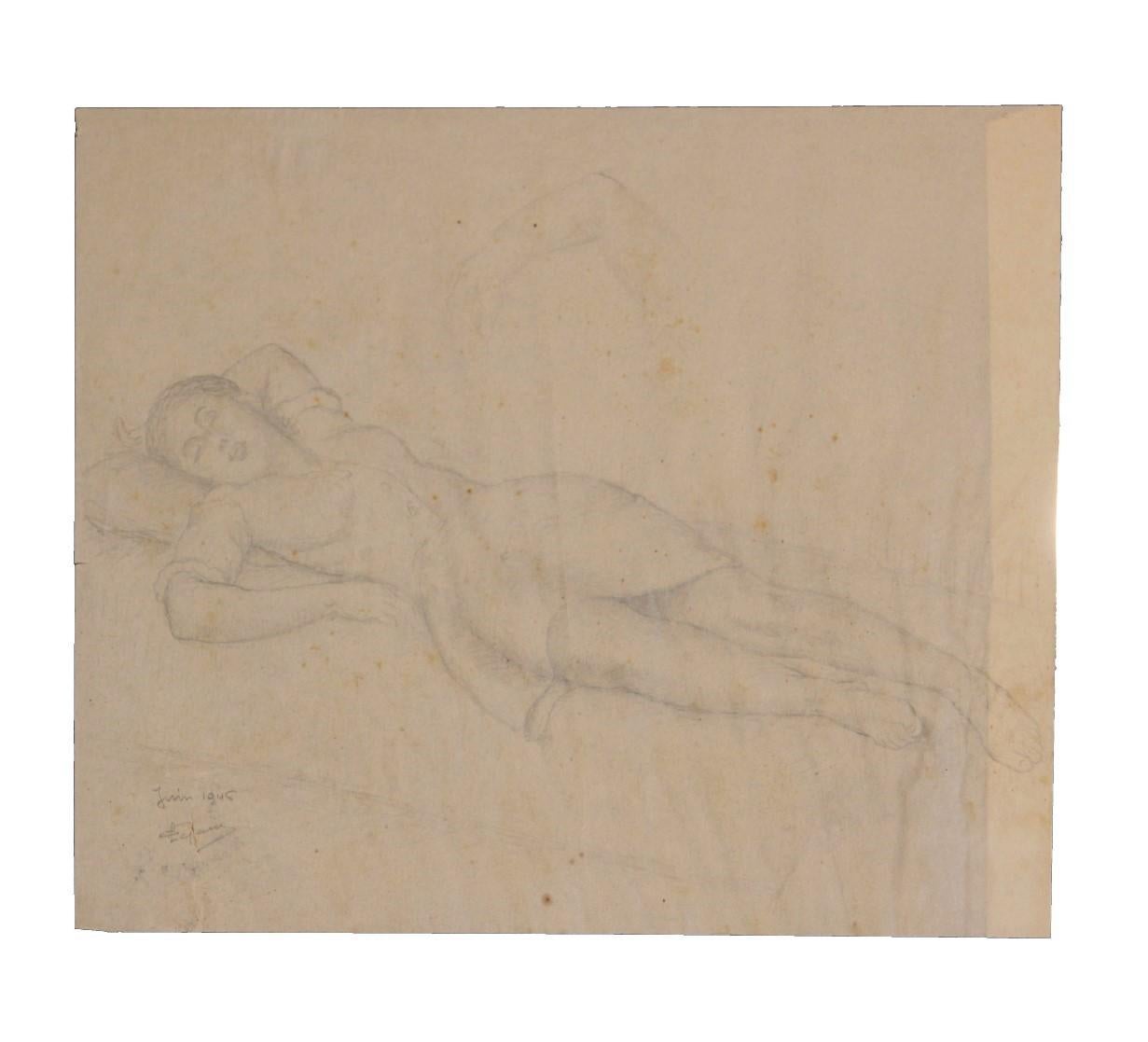 Emile Lejeune Figurative Art – Bleistiftstudie einer liegenden Frau