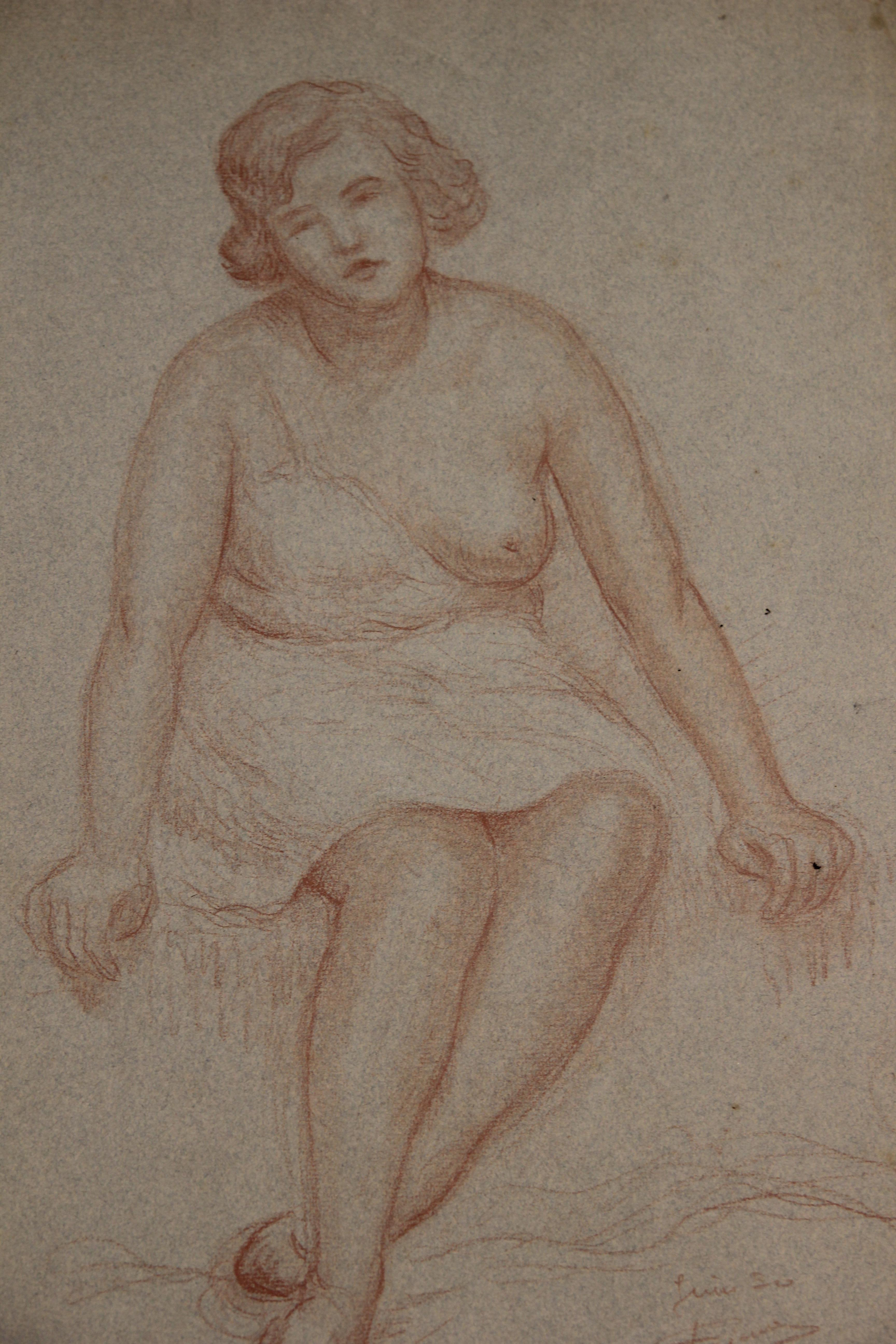Ritratto di donna seduta - Art di Emile Lejeune