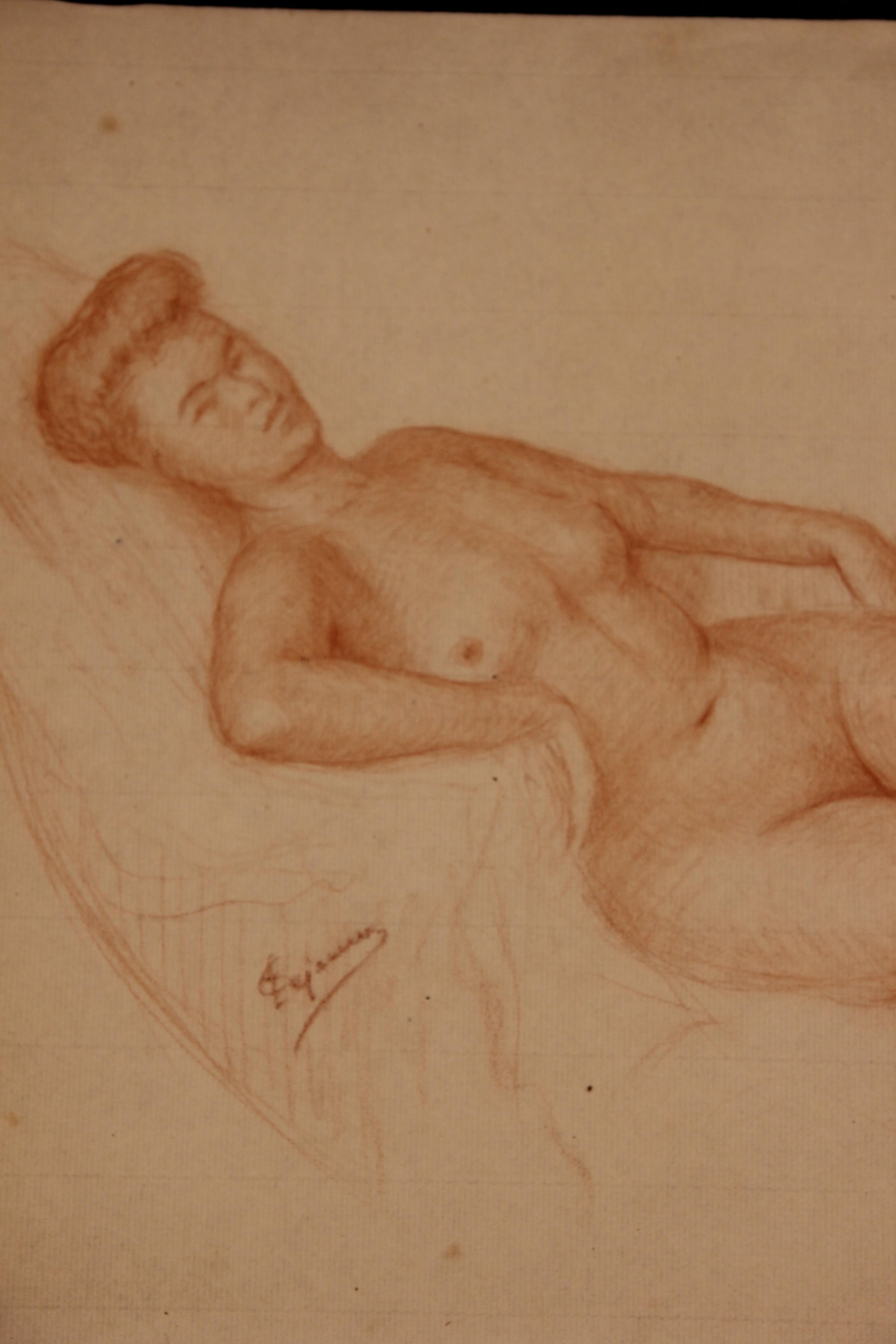 French Reclining Nude Woman Study - Naturalistic Art by Emile Lejeune