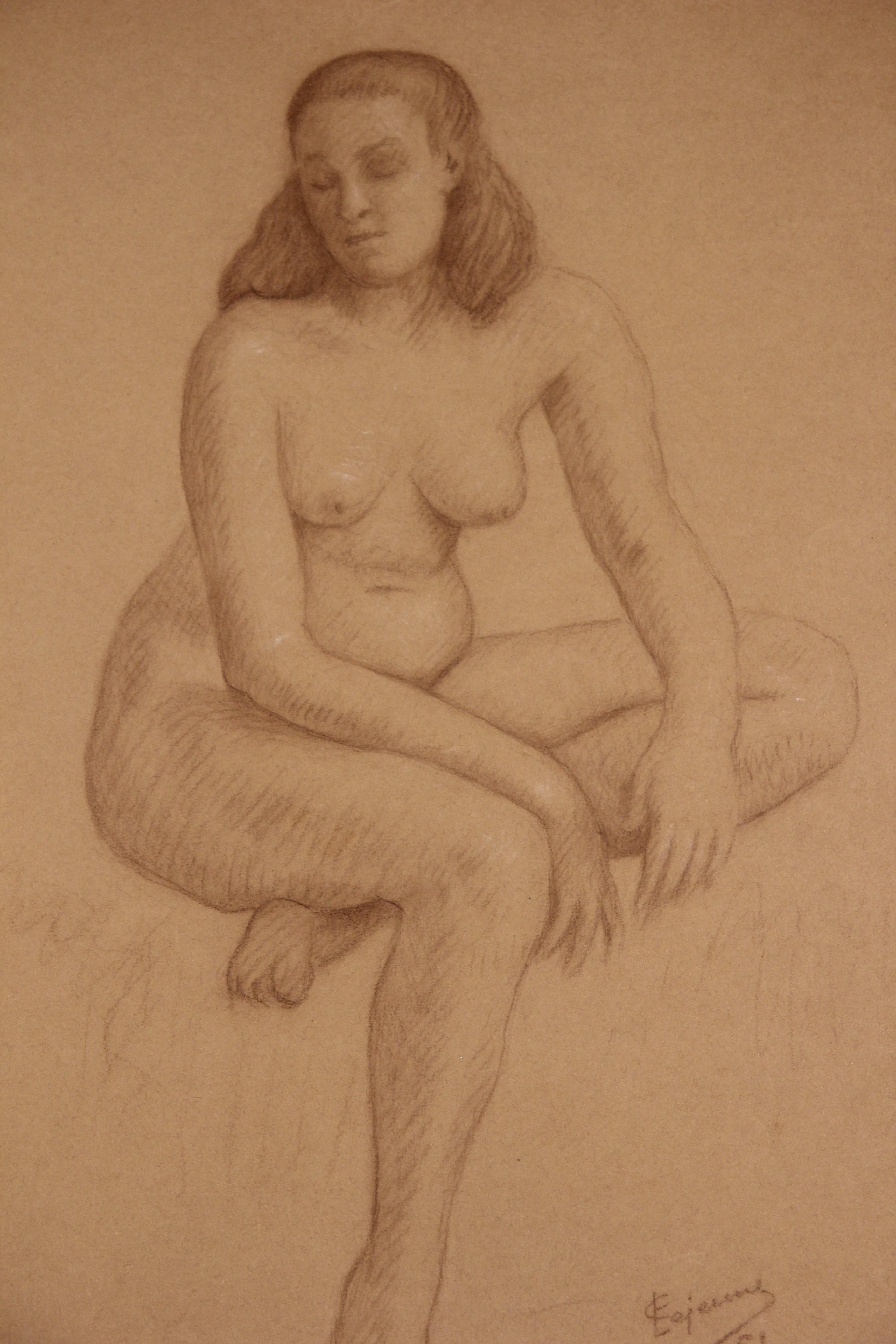 Sitzende nackte Frau, naturalistische Studie – Art von Emile Lejeune