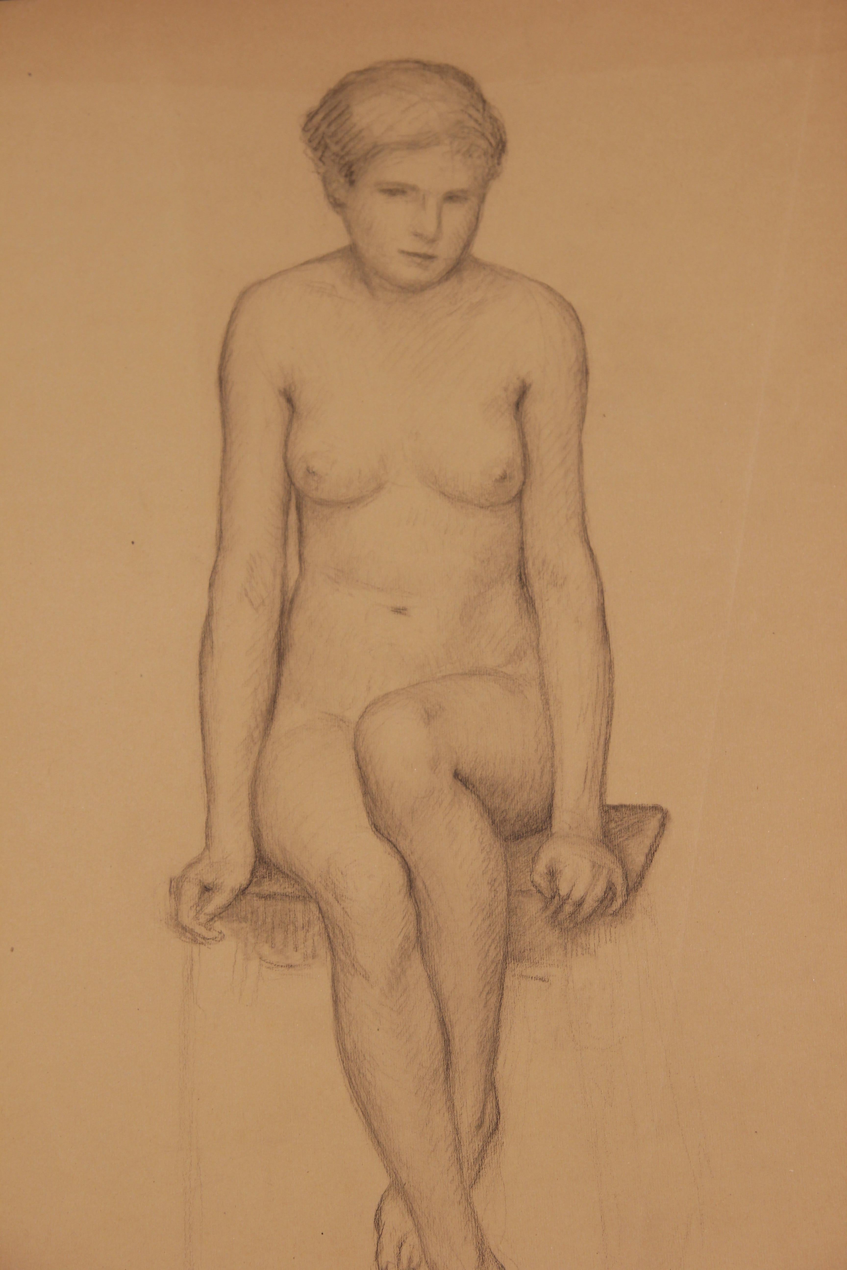 Französische nackte Frau sitzend auf einer Bank, Studie – Art von Emile Lejeune