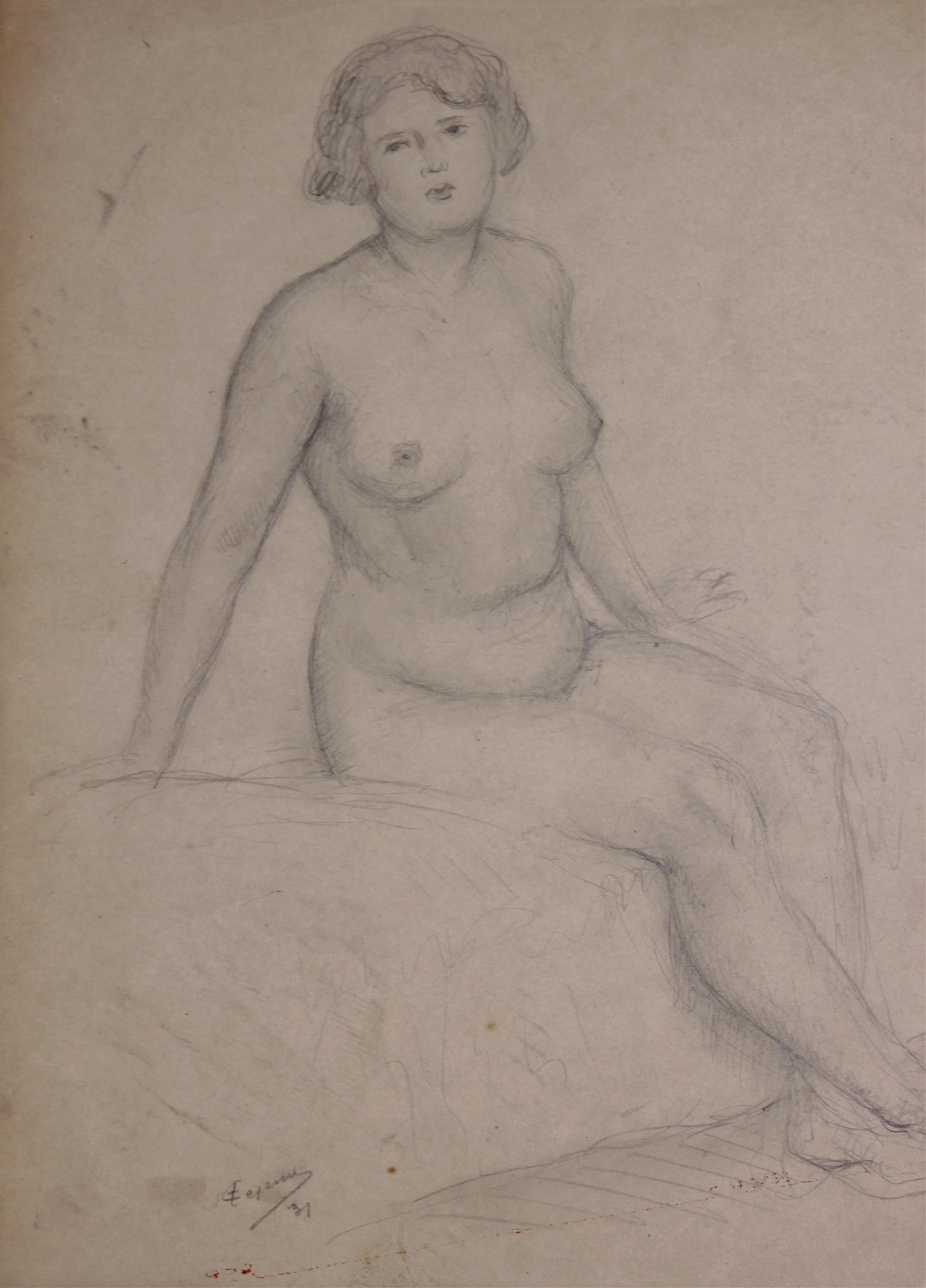 Naturalistic Seated Nude Woman Study - Art by Emile Lejeune