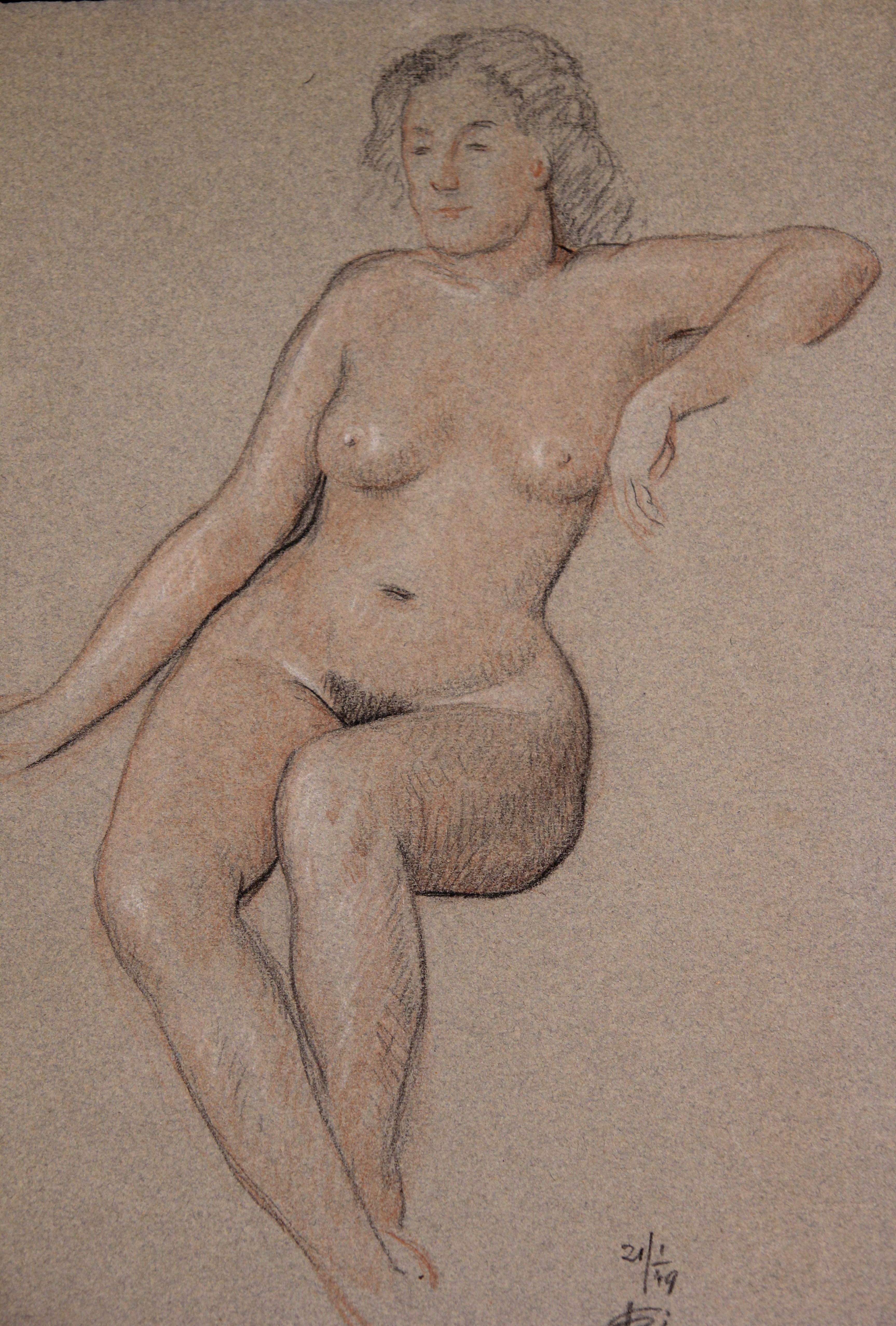 Naturalistic Seated Nude Study  - Art by Emile Lejeune