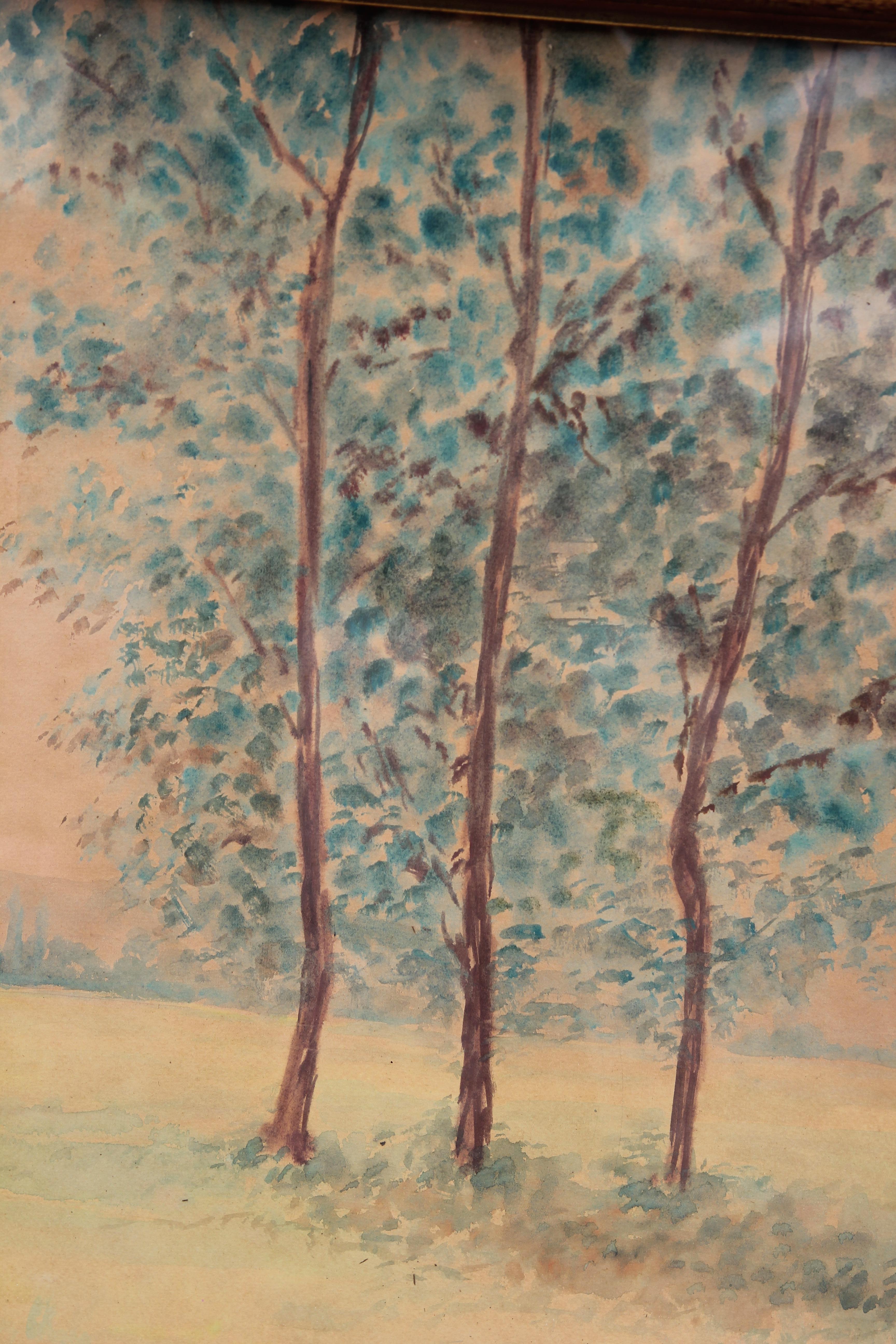 Paysage impressionniste à l'aquarelle, début de la période moderne, avec arbres - Marron Landscape Painting par Unknown