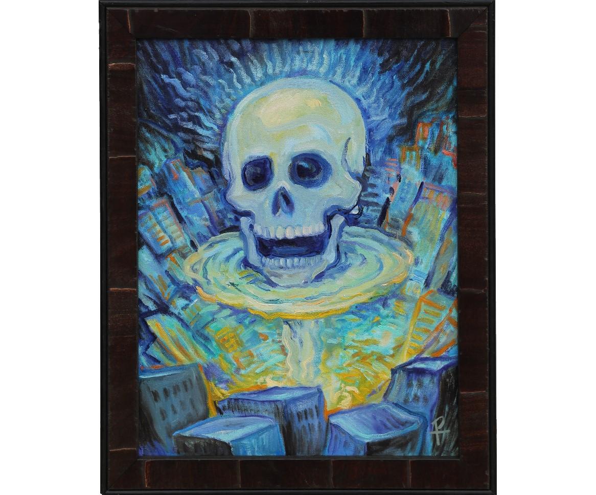 Henry David Potwin Portrait Painting - "SOS" Contemporary Surrealist Blue Tonal Painting