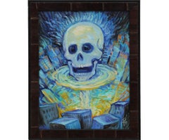 "SOS" Contemporary Surrealist Blue Tonal Painting