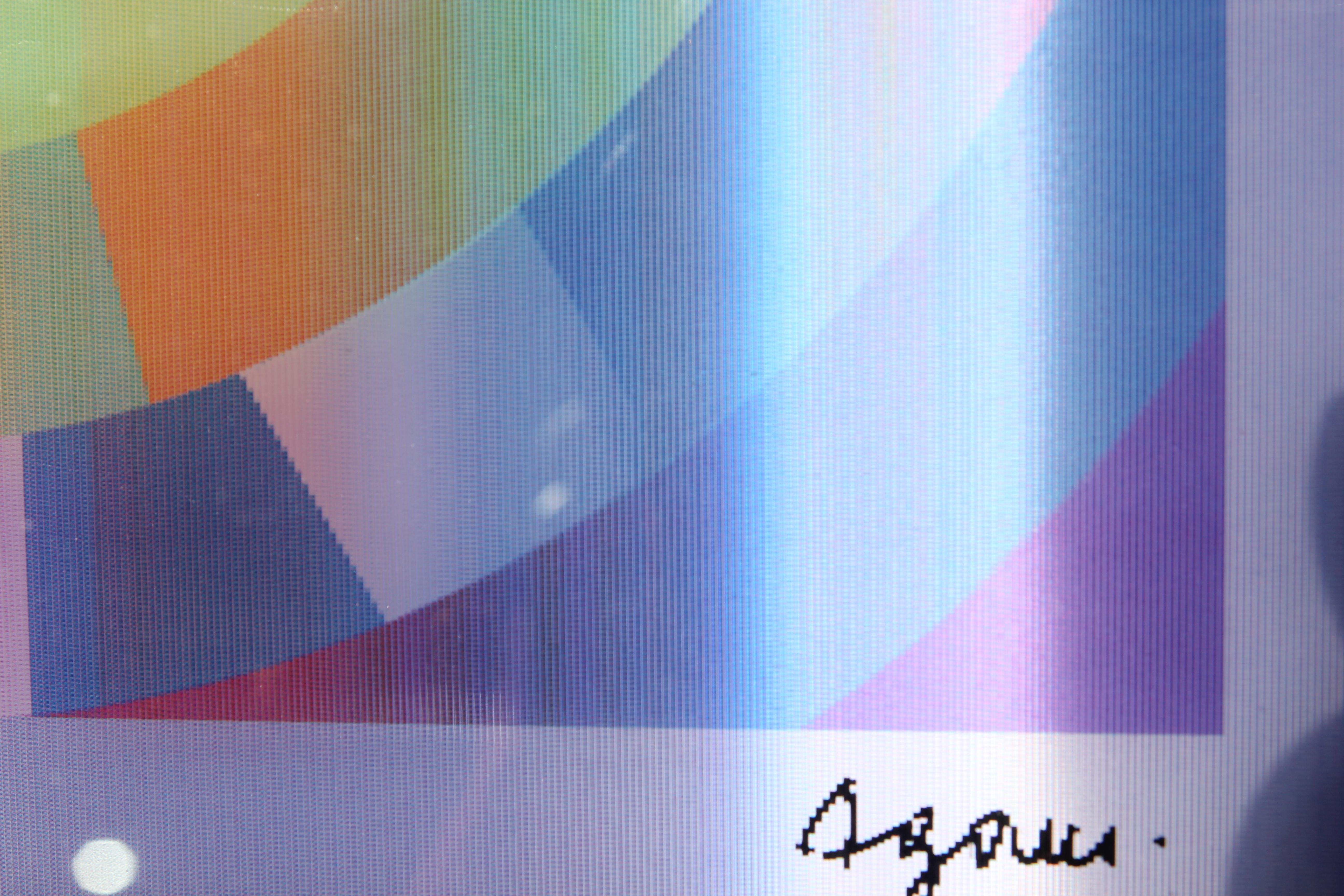This piece is an Agamograph. This lithographic image is viewed through a lenticular lens, the piece is number 17 out of 180. The pieces is framed in a black frame with a white matte.
Dimensions without Frame: H 12in x W 12in.

Artist Biography: