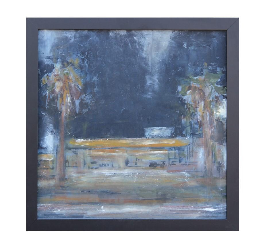 Framed night time painting of a building in Galveston, Texas. The piece is signed, titled, and dated by the artist on the back of the board. The frame is a solid black frame.
Dimension without Frame: H 12in x W 12in.

Artist Biography: Rachel