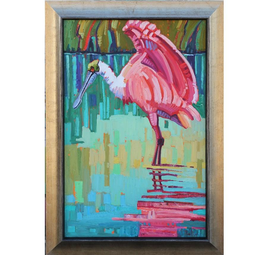 Rene Wiley Animal Painting - "Wading Rosette Spoonbill" Colorful Impressionist Style Bird Painting
