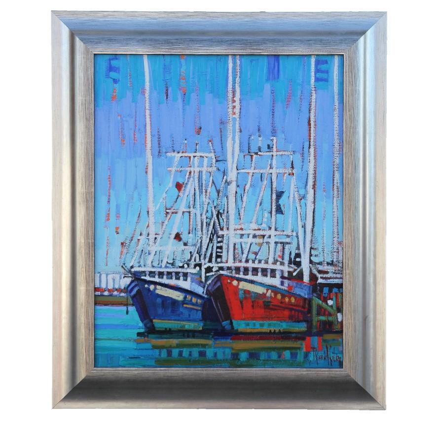 Rene Wiley Landscape Painting - "Gulf Shrimper" Coastal Landscape with Boats