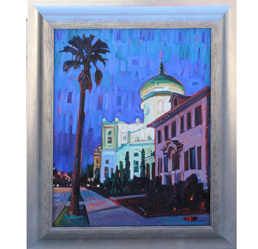 Rene Wiley Abstract Painting - "Sacred Heart Church" Galveston Architectural Landscape Painting