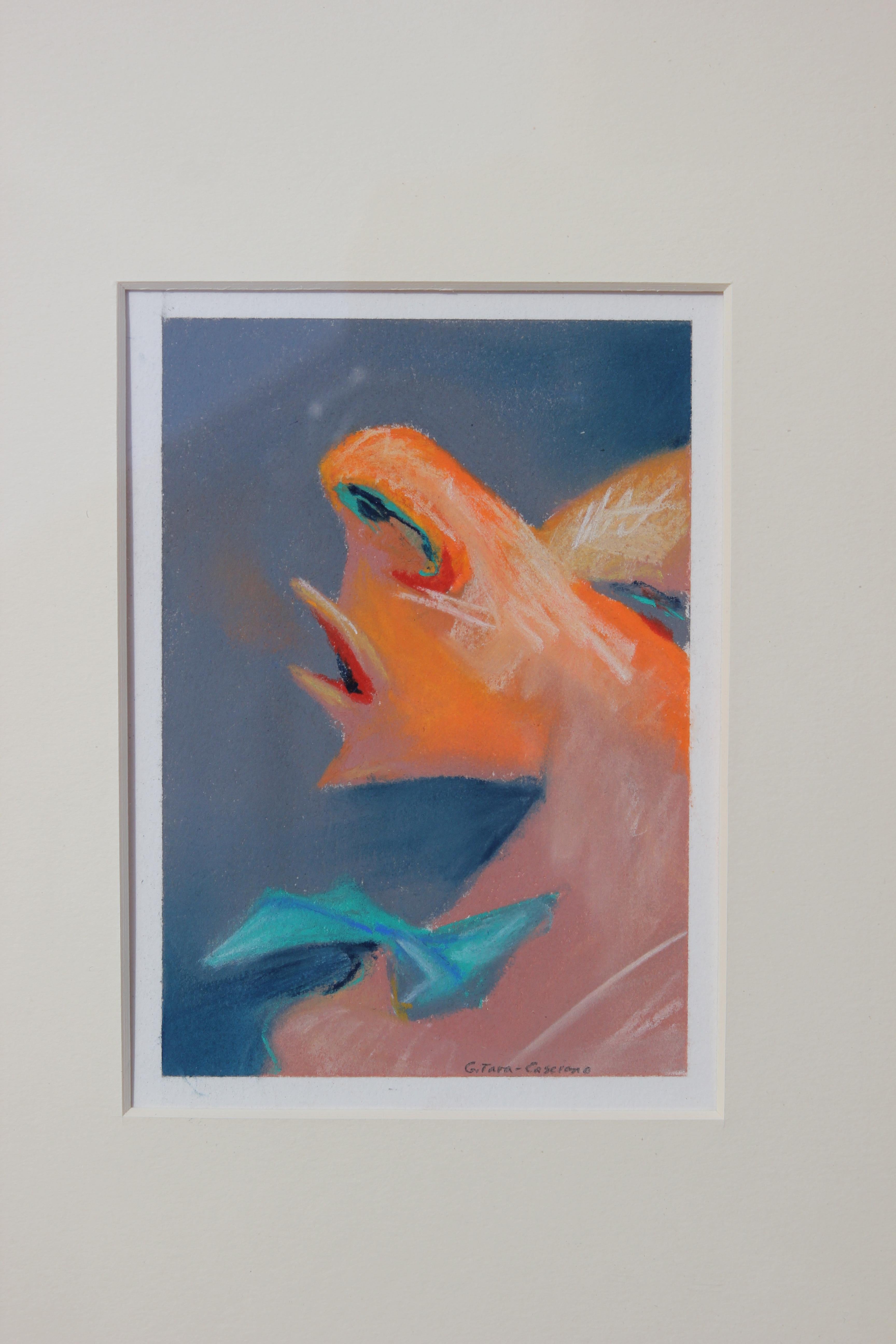 Zeitgenössische abstrakte Pastellzeichnung einer Nase. Die Arbeiten sind hauptsächlich in Blau-, Rosa- und Orangetönen gehalten. Das Werk ist in einem hellen Holzrahmen mit weißem Passepartout gerahmt. Das Werk ist von der Künstlerin Tara Casciano
