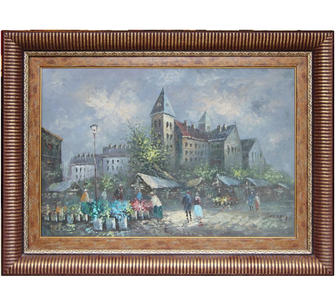 Caroline Burnett Figurative Painting - "Paris Scene" Impressionist French Market Street Scene