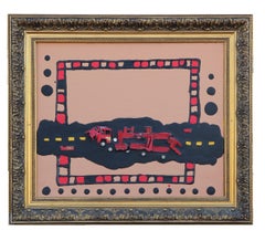 Vintage Red Tonal Mixed Media Abstract with Toy Cars