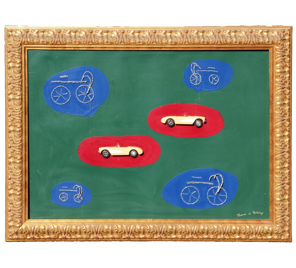 Large Mixed Media Minimal Abstract with Toy Cars