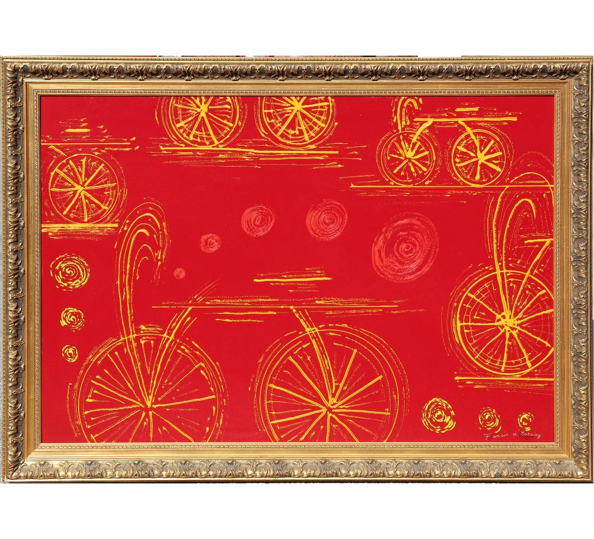 Peinture abstraite rouge minimaliste de grande taille avec des bicyclettes  - Painting de Francis d'Estaing