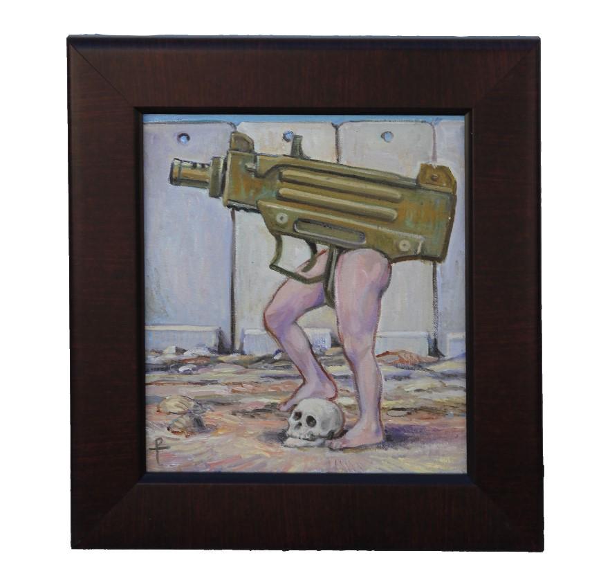 Surrealist figurative painting of a pair of legs attached to a gun. The work is signed, titled and dated by the artist. The canvas is framed in a black frame.
Dimensions without Frame: H 11 in x W 10 in.

Artist Biography: Born in Dallas, Texas
