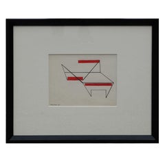 Vintage Minimal Geometric Abstract Drawing with Red Accents