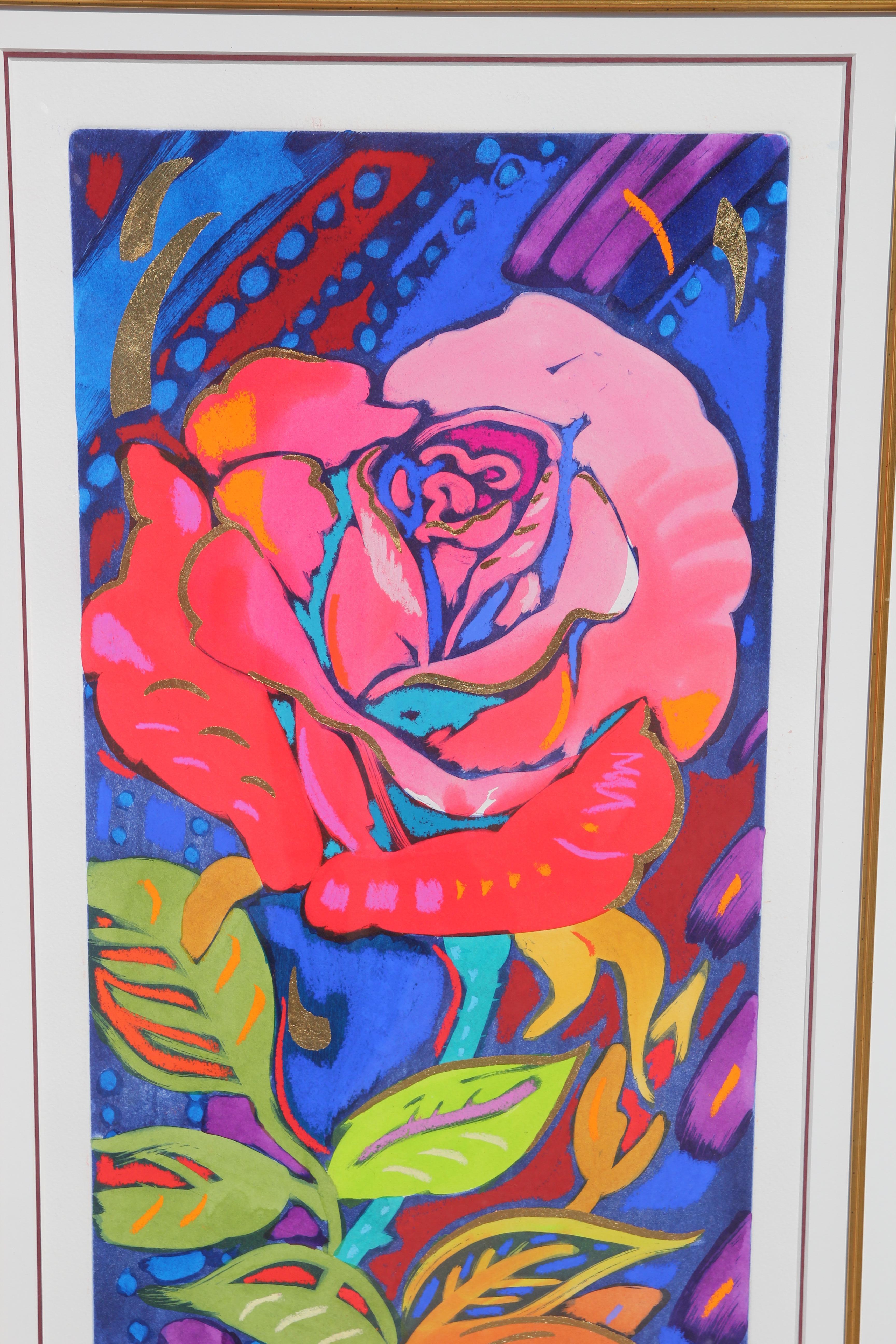 Colorful still life painting of a rose done in an impressionist style. The piece is signed, titled, and editioned by the artist. The work is framed in a gold frame with a white matte.
Dimensions without frame: H 27 in x W 14 in.

Artist Biography: