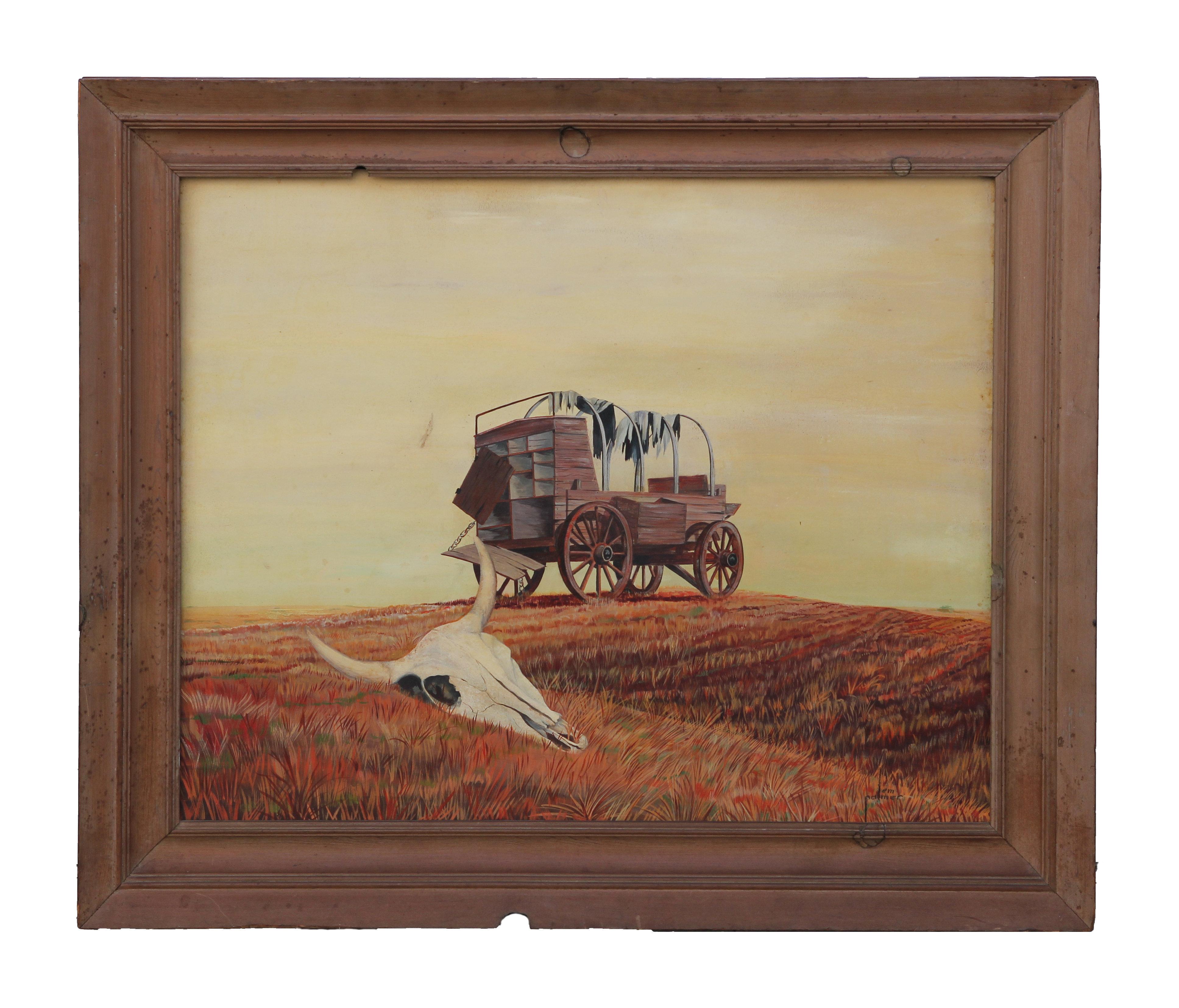 Lem Palmer Landscape Painting - Naturalistic Western Landscape with Wagon and Cow Skull