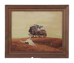 Modernistische westliche Landschaft mit Wagon und Kuhkopf