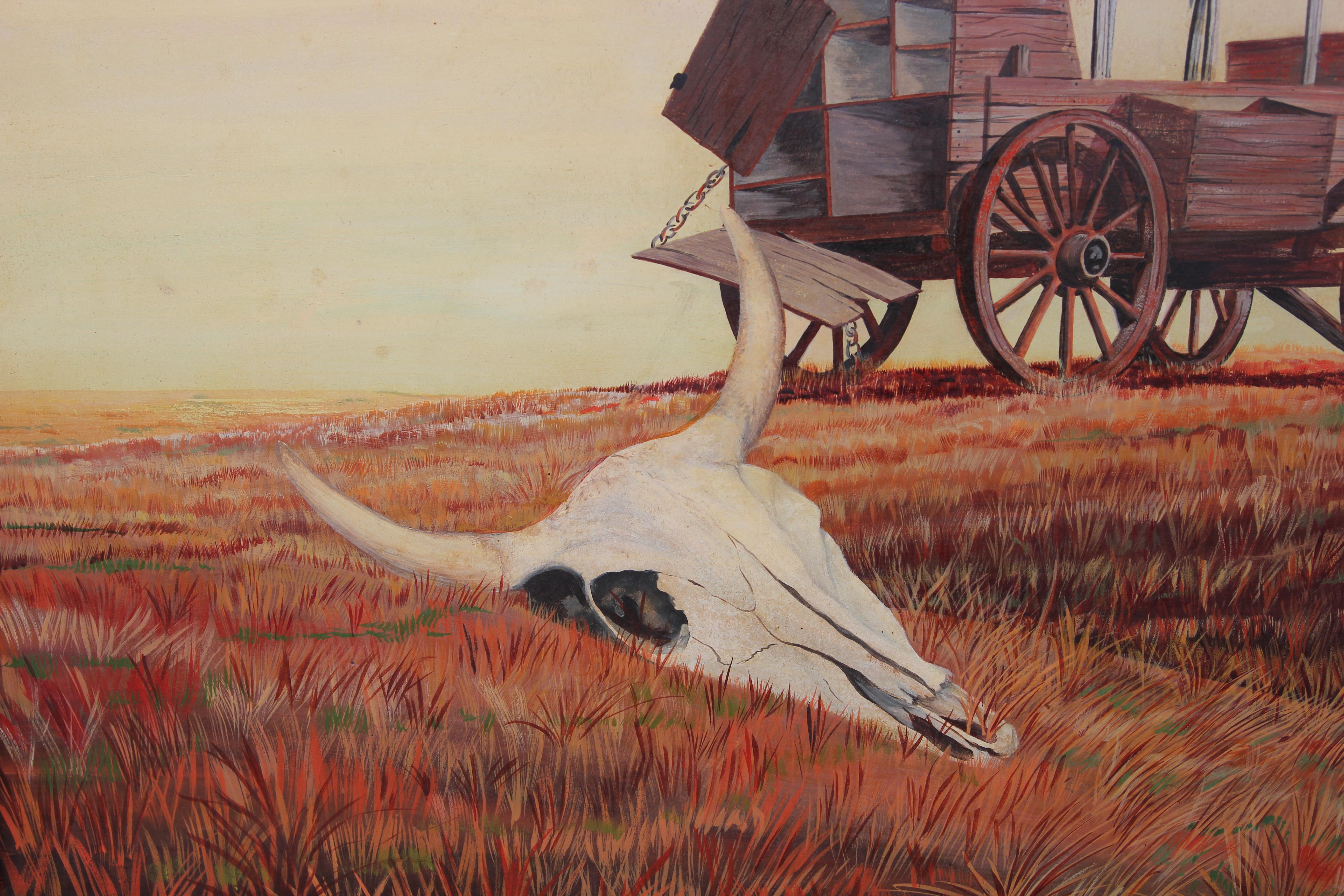 Modernistische westliche Landschaft mit Wagon und Kuhkopf (Amerikanische Moderne), Painting, von Lem Palmer