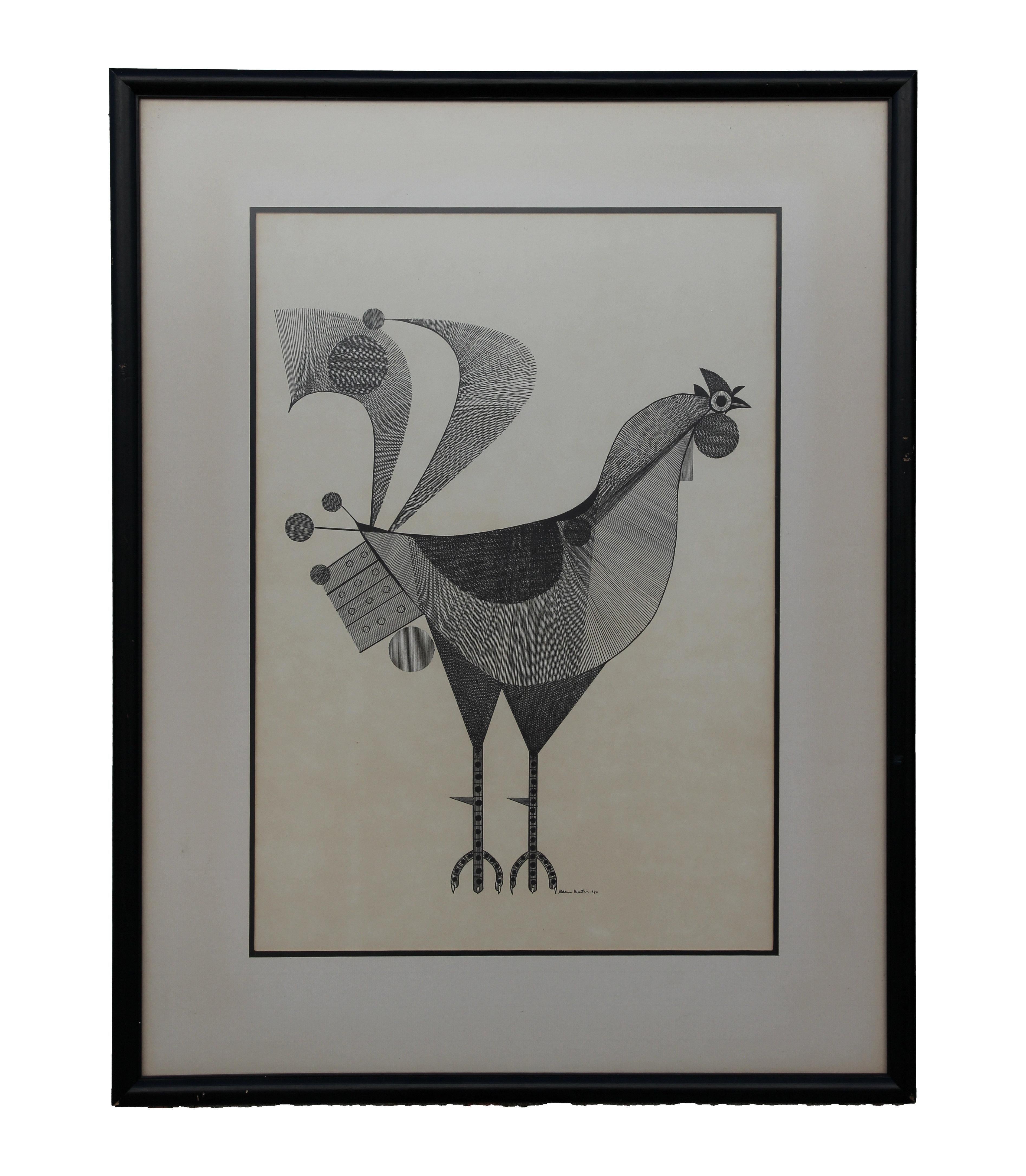 Aldemir Martins Animal Print - Modern Geometric Ink Drawing of a Rooster 