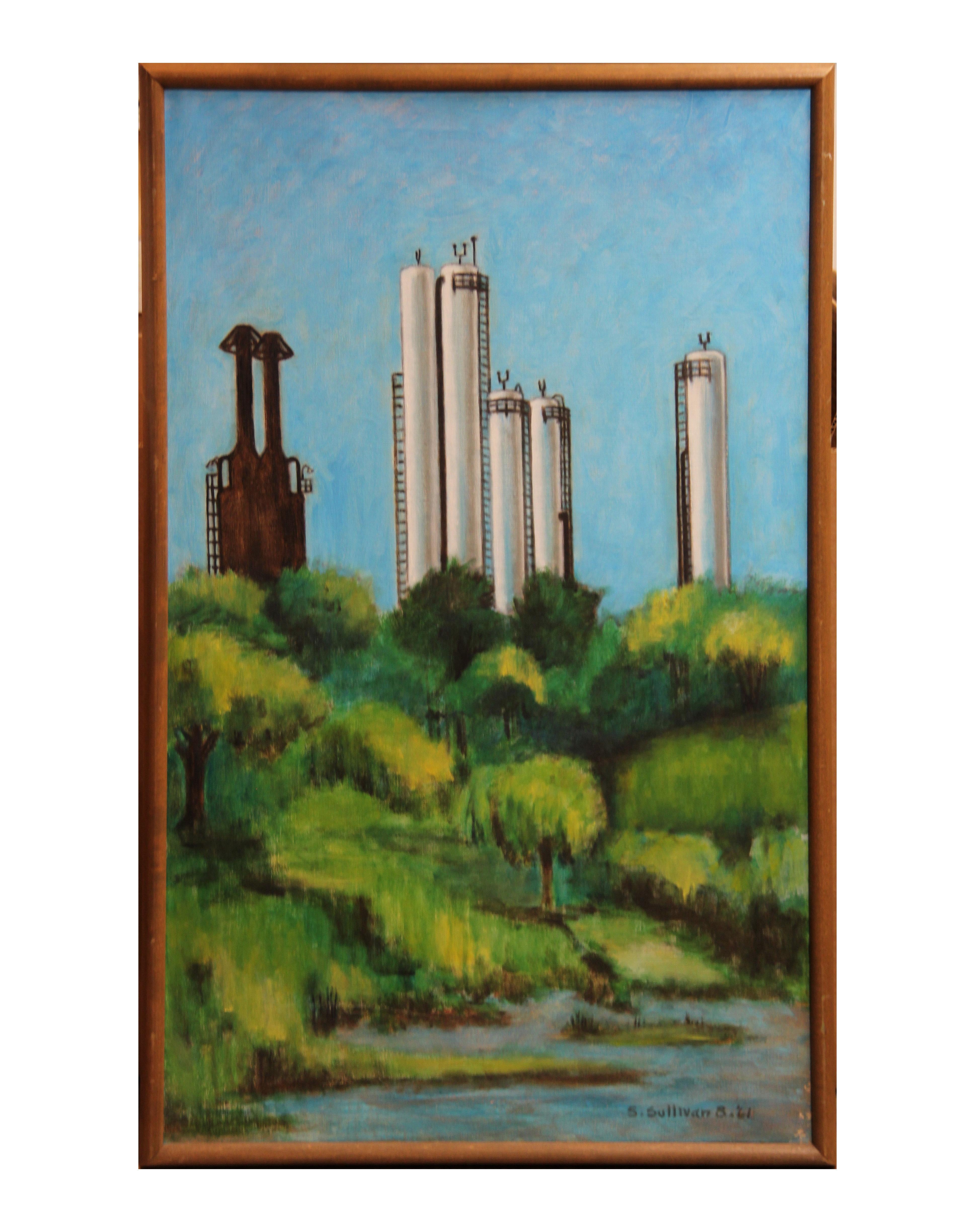 Stella Sullivan Abstract Painting - "Refinery at Barbours Cut" Impressionist Landscape Painting