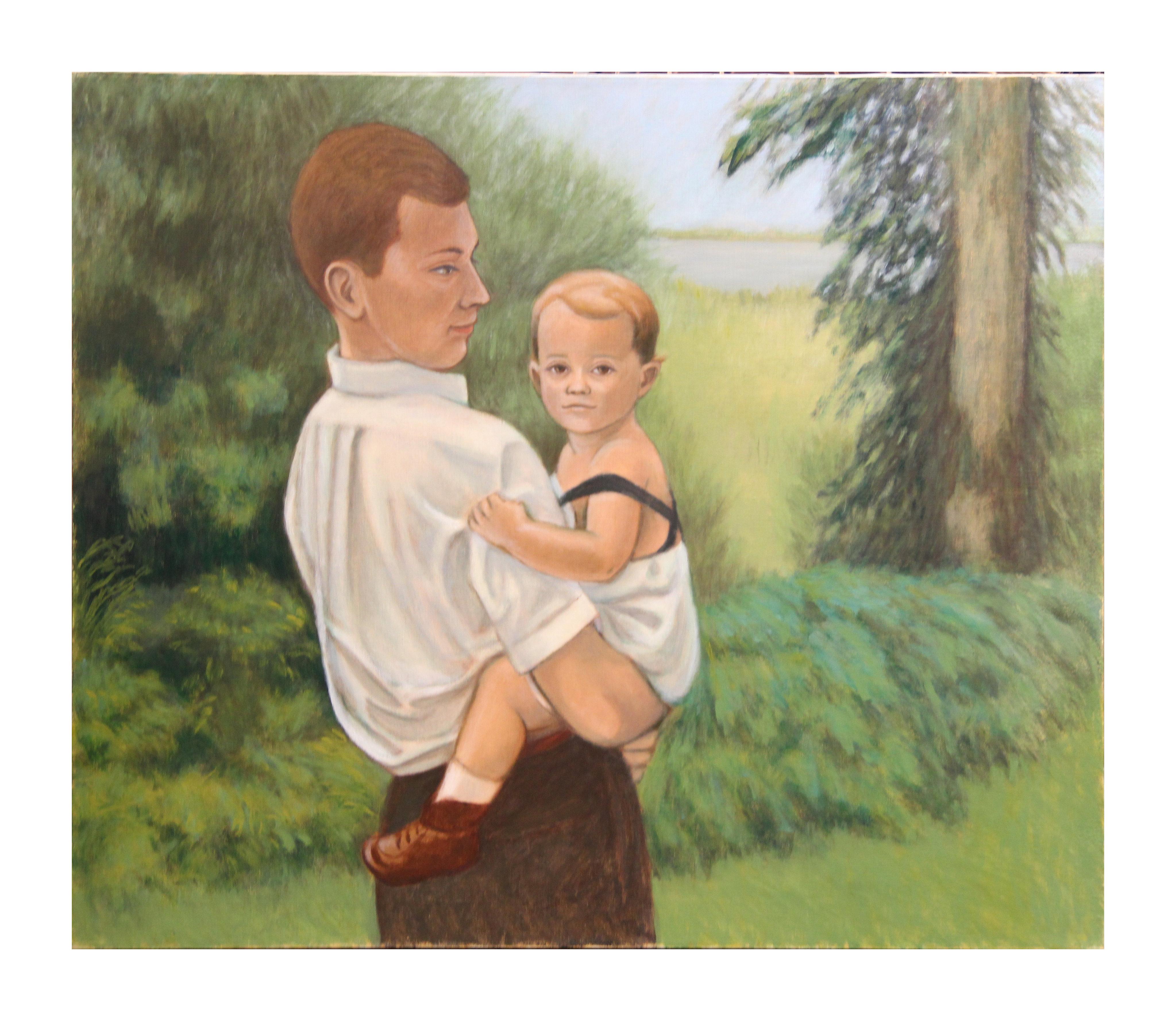 Stella Sullivan Figurative Painting - "Father and Son" Portrait Painting with Landscape