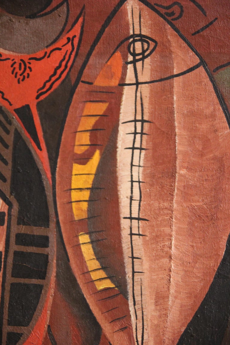 Jeanne Ann Enos - Red Cubist Style Tribal Fish Abstract Painting at 1stDibs